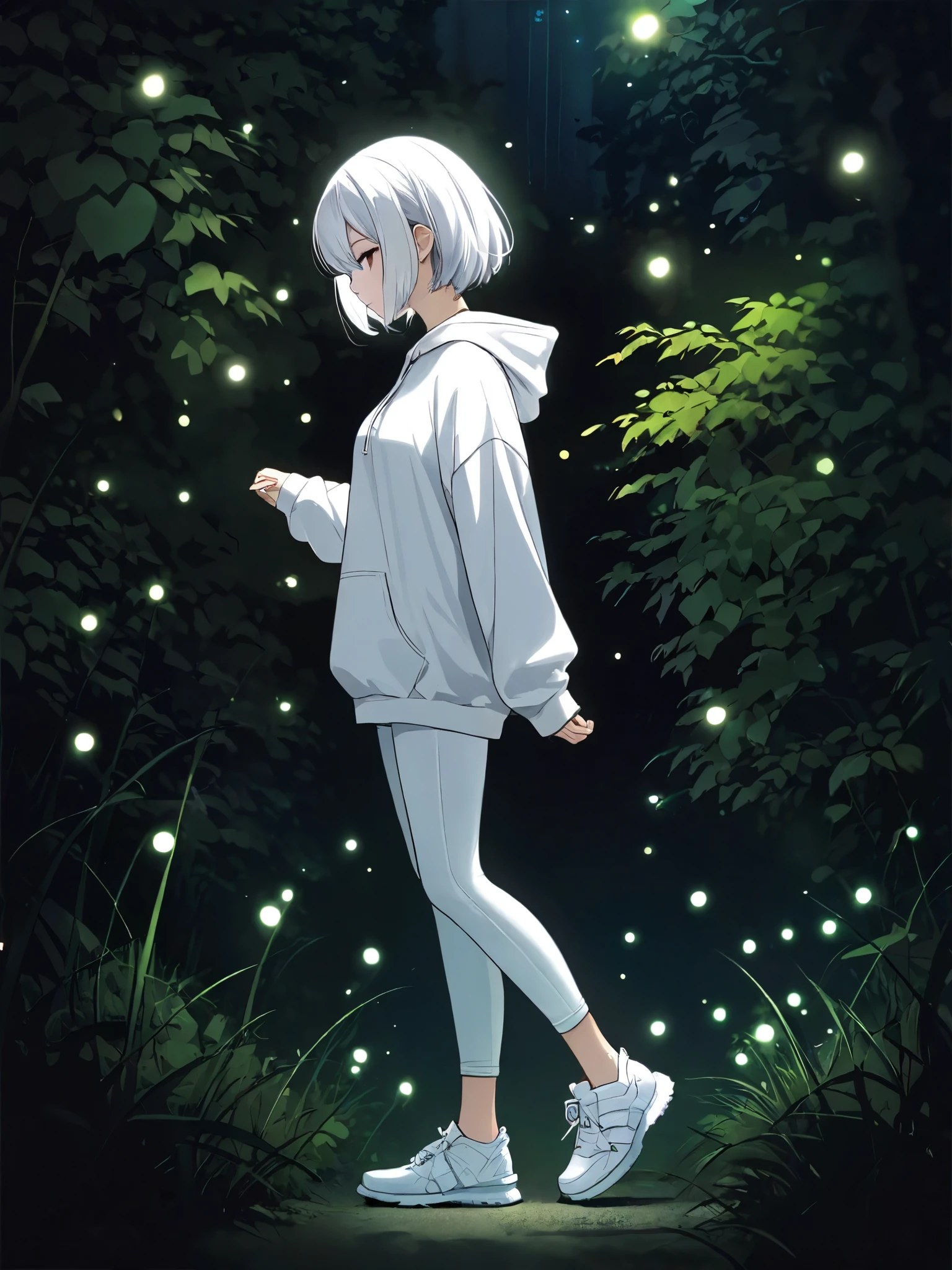 1 girl, white hair, masterpiece, short hair, one long strand with pigtails, in a white long sweatshirt , white leggings , sneakers, walks at night , fireflies