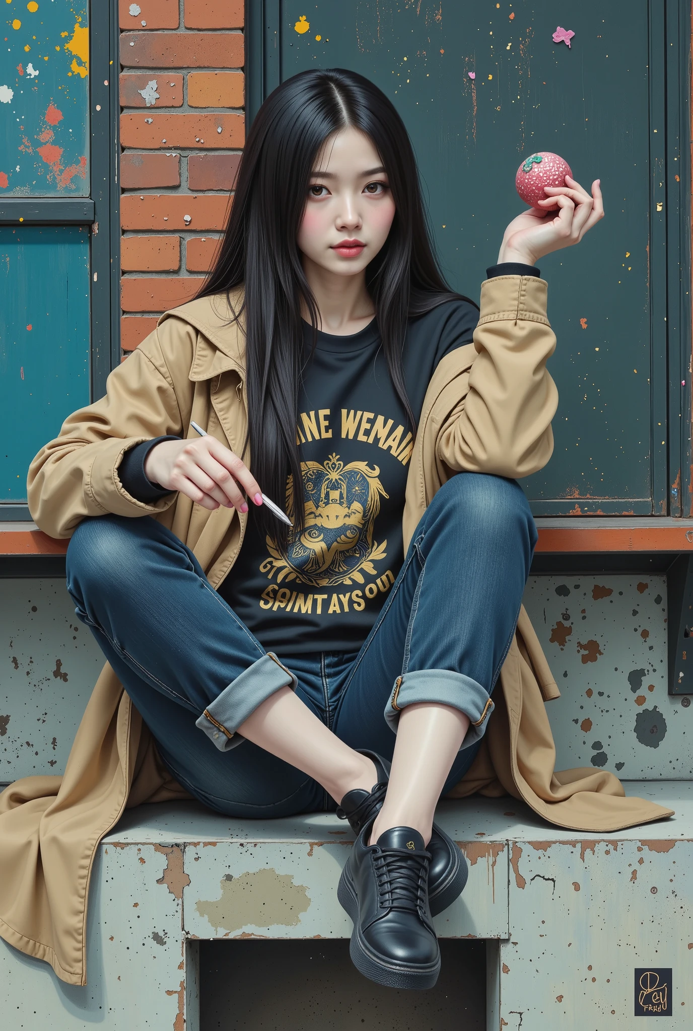 painting of a woman sitting on a shelf with a candy as a palette, she is sitting in front of the camera , sitting on the street cord , with her legs crossed , her arms resting on her knees , with one hand she grabs the candy palette , she has jet-black hair with a very shiny slit in the middle , And handsome he has long hair he wears a coat with beautiful warm colors black sweatshirt with inscriptions and drawings, her jacket falls on her shoulders , she wears rolled-up jeans , black sneakers with white laces , socks, the background of the peeling wall with various colors , orange, olive green, and yellow as if the old paint came out , some bricks seen , she looks at the camera sensually , tilted a little downward , artwork in the style of Guweiz , by Russell Dongjun Lu, inspired by Yanjun Cheng, inspired by Russell Dongjun Lu, guweiz, by Lin Liang , Guweiz's masterpiece, by Yanjun Cheng, guweiz on artstation pixiv, cyberpunk urban clothing,