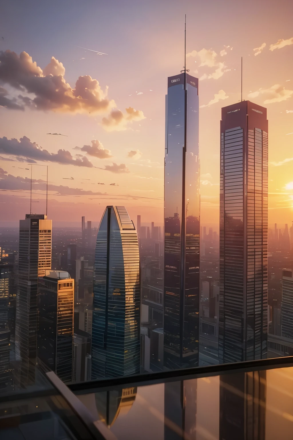 a beautiful sunset over a modern city, skyscrapers silhouetted against an orange and pink sky, reflections in the windows, birds flying, warm lighting, cinematic composition, photorealistic, 8k, best quality, masterpiece