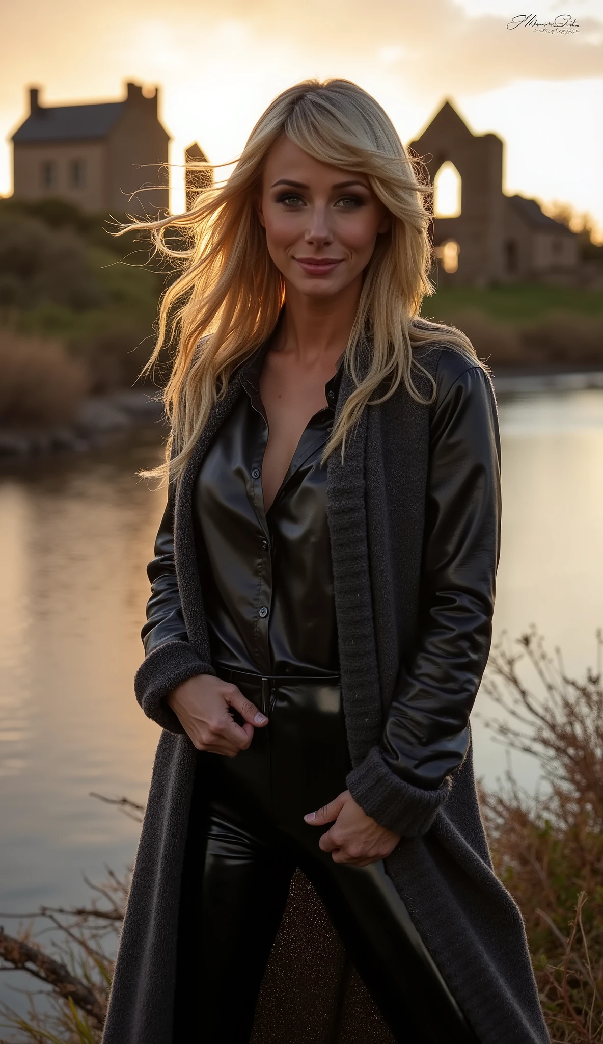 a gorgeous blonde woman, wavy hair in the wind. she's a men magazine model, She has a subtle smile and flirts with the camera, (she wears leather shirt with a long wool sweater and pvc leggings:1.2),background landscape of Scotland Loch and Scottish castle ruins, (in sunset light:1.2),