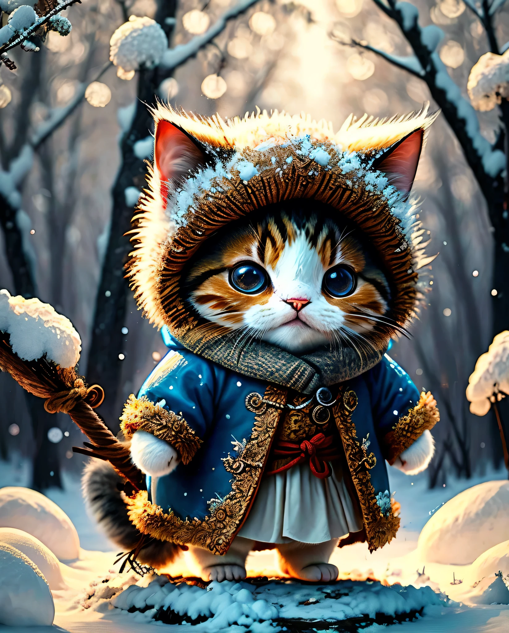 best image quality that holds your feet、" 剣と盾を手に持つ cute生き物たち. 、(Location: Forest ),The season is winter、 (cat) 、 Details , In 8K、 best image quality that holds your feet、 DRESS UP AS AN EXPLORER 、 holding an axe in his hand、 medieval adventurer costume 、((( cute)))、