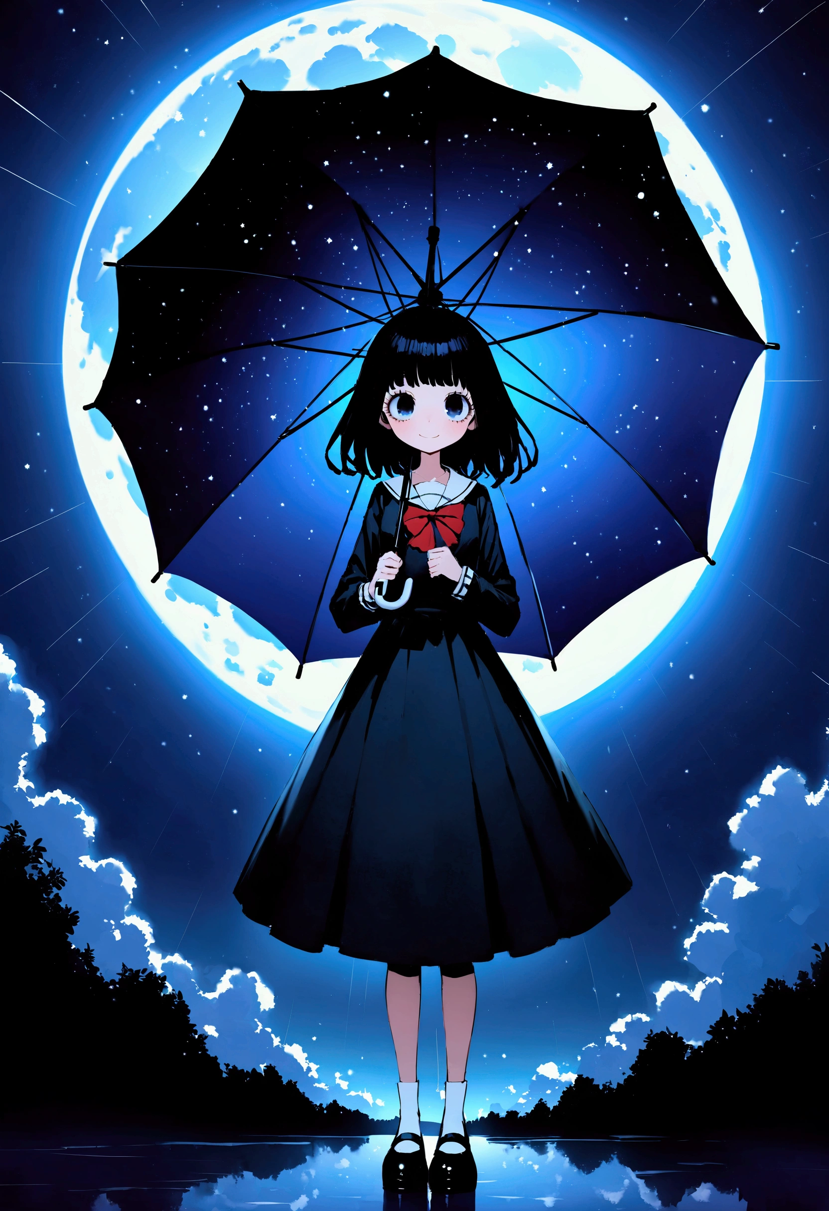 (High Definition, masterpiece, Accurate, top quality, High Definition model, high detail, (((The textures are soft))), ((matte and toy-like with a handmade premium look)), (((Tim Burton style))), Dark, 1 girl (Student Uniform, young, chest, (Holding an umbrella:1.5), ), smile, reaching towards viewer, Under the umbrella (Starry Sky, (Shining Star, beautiful nebulae, Detailed crescent moon), Outside, (weather, ((Very dark:1.3), heavy rain)), (From below:1.4), viewers can see the inside of the umbrella, 