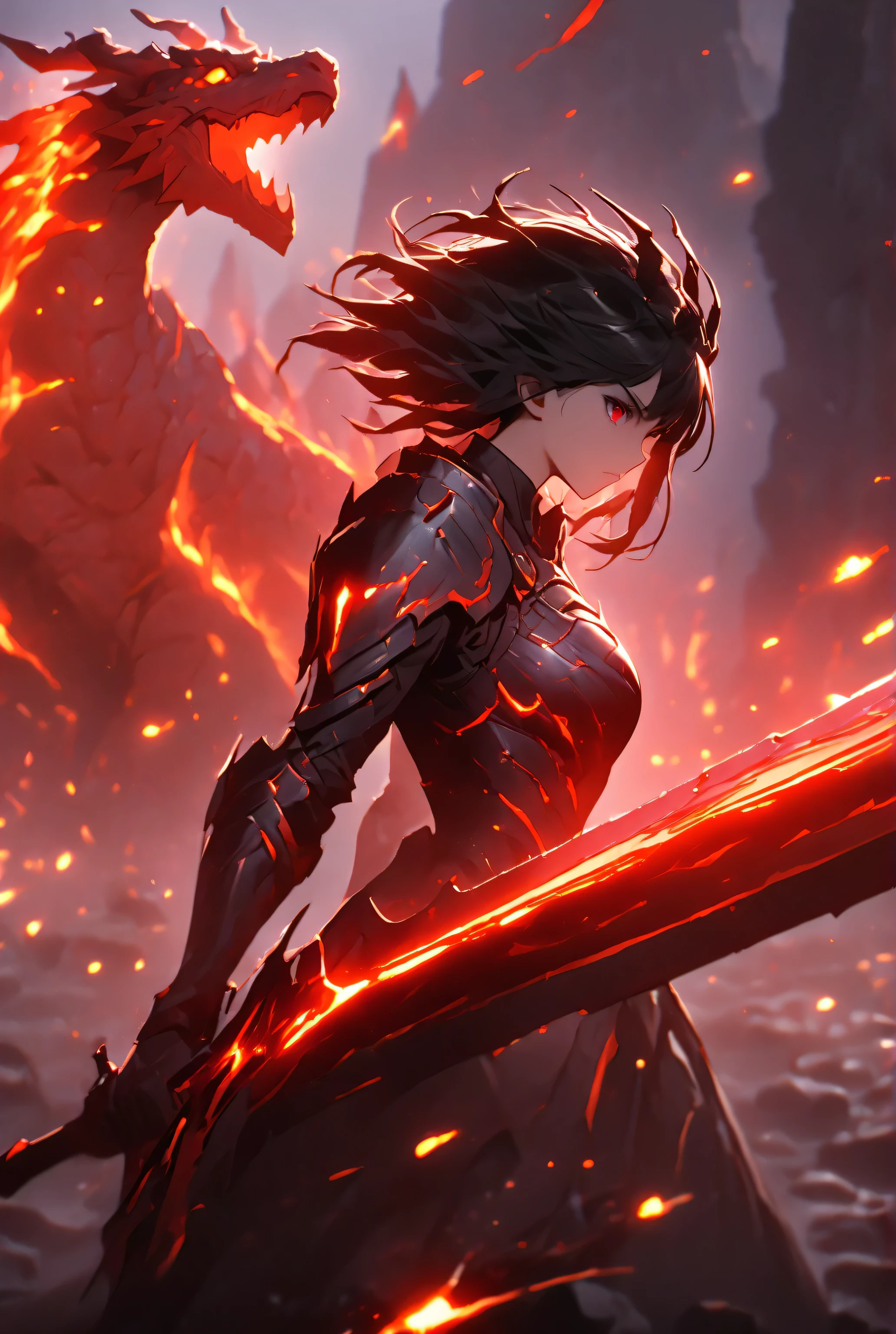 The dynamic scene captures, big dragon,
the instant energy orange sparks as a woman with black hair and red eyes,
launches a thrusting attack with a great sword that is covered in red flames,
The red flames surrounding her greatsword give it an eerie glow,glowing,dark fantasy, from side,
flame,fire,volcano,battle scene,battlefield background,