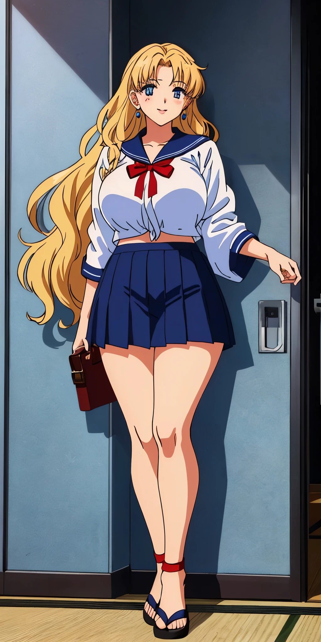 Young woman drawn in 80’s anime art style.
Retro anime. Vintage Anime. Classical Anime.
She has long and wavy blonde hair, blue eyes, full lips, and a beauty mark located under the right side of her mouth. She is well known for her curvaceous figure of which her most distinctive trait is her very large breasts. She is also wearing jewelry and a seductive smile.
She is wearing a sailor fuku (セーラー服, sērā fuku, sailor outfit) is a common japanese style of uniform worn by women, traditionally by high school female students.
The uniform generally consists of a sailor-styled blouse attached with a (Navy blue sailor-style collar) and a Dark Navy Blue Sailor Blouse. The length of the long skirt goes down past her ankle.
A ribbon is tied in the front and laced through a loop attached to the sailor blouse. The color is the ribbon is red. (RED RIBBON)
(Dark Navy Blue Sailor Shirt)
(Dark Navy Pleated Skirt)
She is holding a briefcase
(High School)