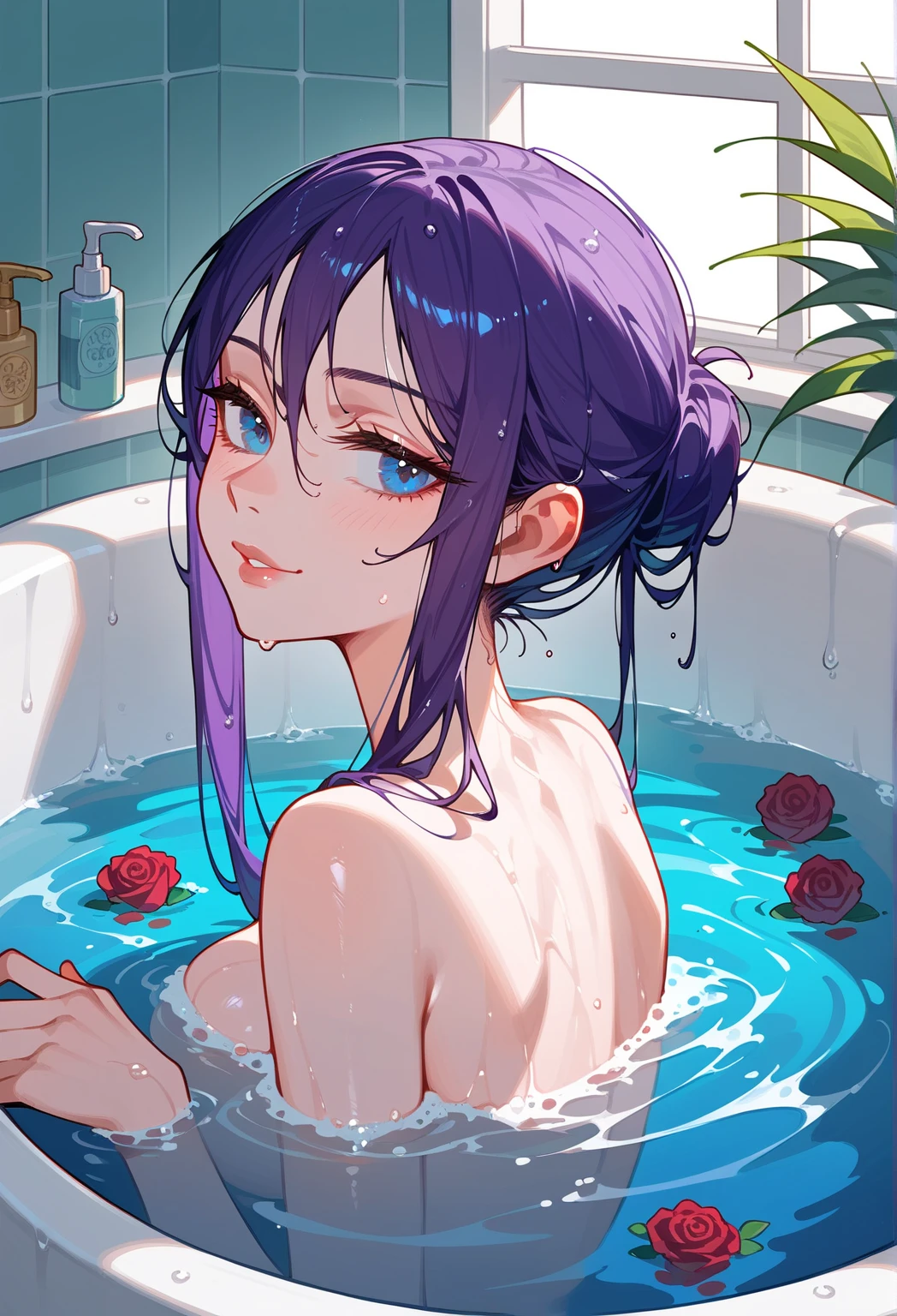 Purple hair Simple girl Full body portrait Dark light Long hair and shoulders Holding a lid, No bone leakage, Cute Chinese style, Shameful bathroom, Soak in the tub, heads up, Roses floating on the water, Overflow of the bath, Rose blushed