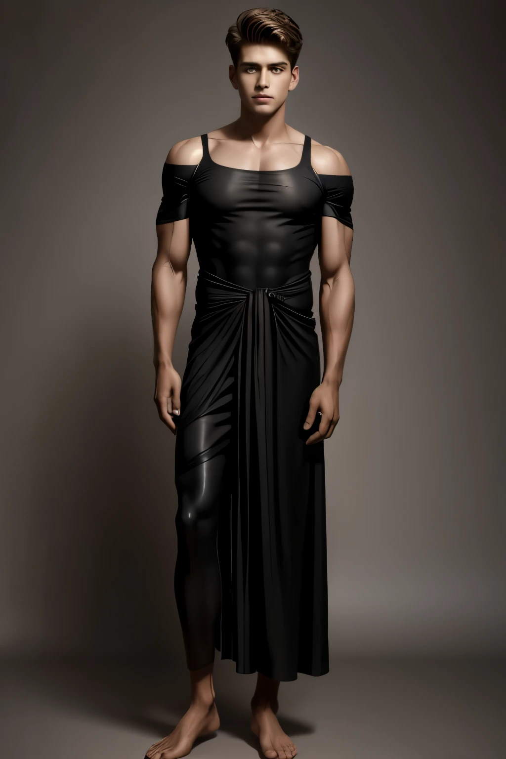 A masculine muscular hunk man with very short hair,  lingerie, gaff, black nylon stockings with lace top, padded bra, extreme black stiletto high heels and with metal heels and pointy toes garterbelt, with makeup, fake nails and fake eyelashes, long earrings, bra,
