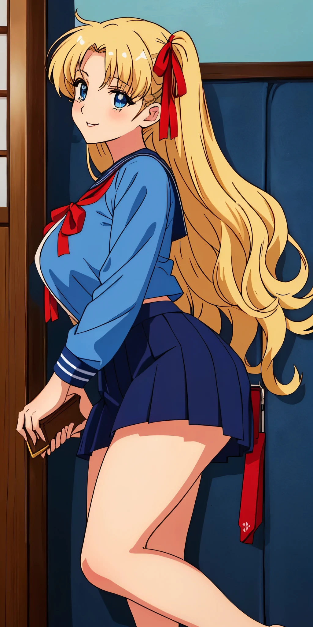 Young woman drawn in 80’s anime art style.
Retro anime. Vintage Anime. Classical Anime.
She has long and wavy blonde hair, blue eyes, full lips, and a beauty mark located under the right side of her mouth. She is well known for her curvaceous figure of which her most distinctive trait is her very large breasts. She is also wearing jewelry and a seductive smile.
She is wearing a sailor fuku (セーラー服, sērā fuku, sailor outfit) is a common japanese style of uniform worn by women, traditionally by high school female students.
The uniform generally consists of a sailor-styled blouse attached with a (Navy blue sailor-style collar) and a Dark Navy Blue Sailor Blouse. The length of the long skirt goes down past her ankle.
A ribbon is tied in the front and laced through a loop attached to the sailor blouse. The color is the ribbon is red. (RED RIBBON)
(Dark Navy Blue Sailor Shirt)
(Dark Navy Pleated Skirt)
She is holding a briefcase
(High School)