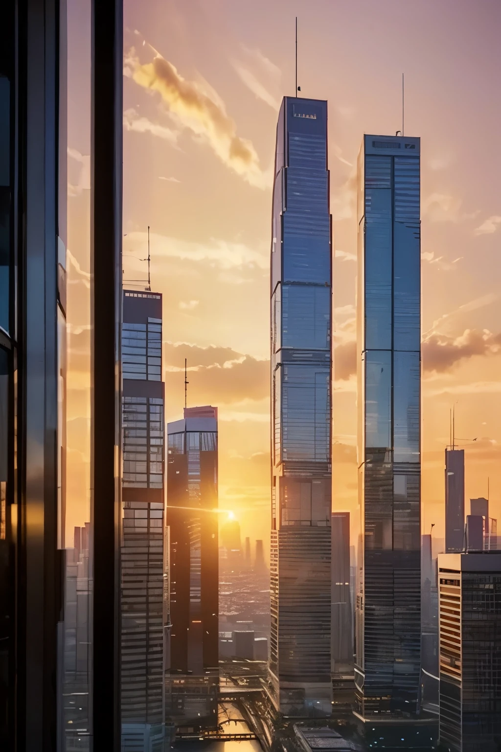 a beautiful sunset over a modern city, skyscrapers silhouetted against an orange and pink sky, reflections in the windows, birds flying, warm lighting, cinematic composition, photorealistic, 8k, best quality, masterpiece