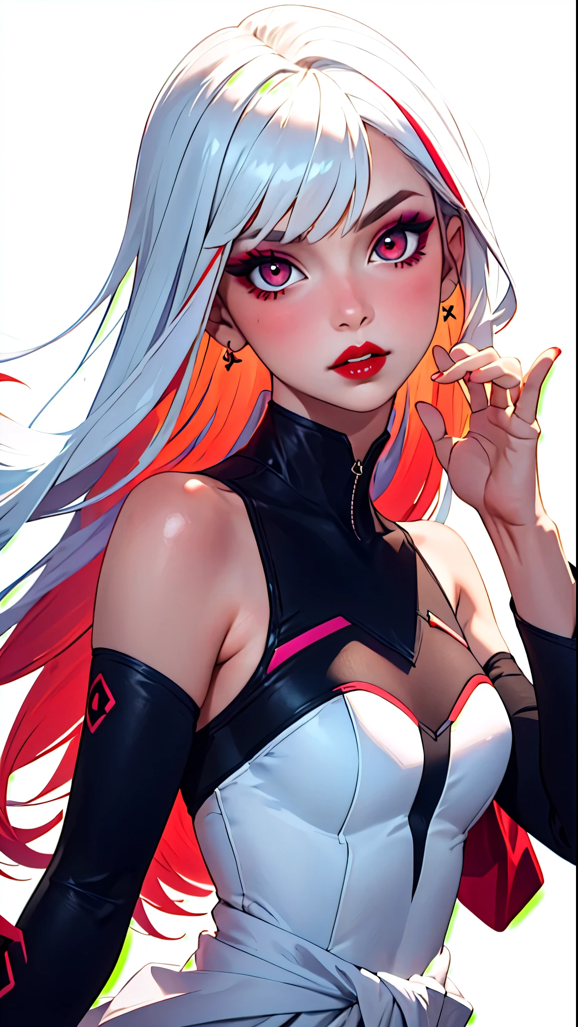 1girl, solo, above the waist shot, looking at viewer, white background, multicolored hair, makeup, parted lips, red lips, eyeliner,