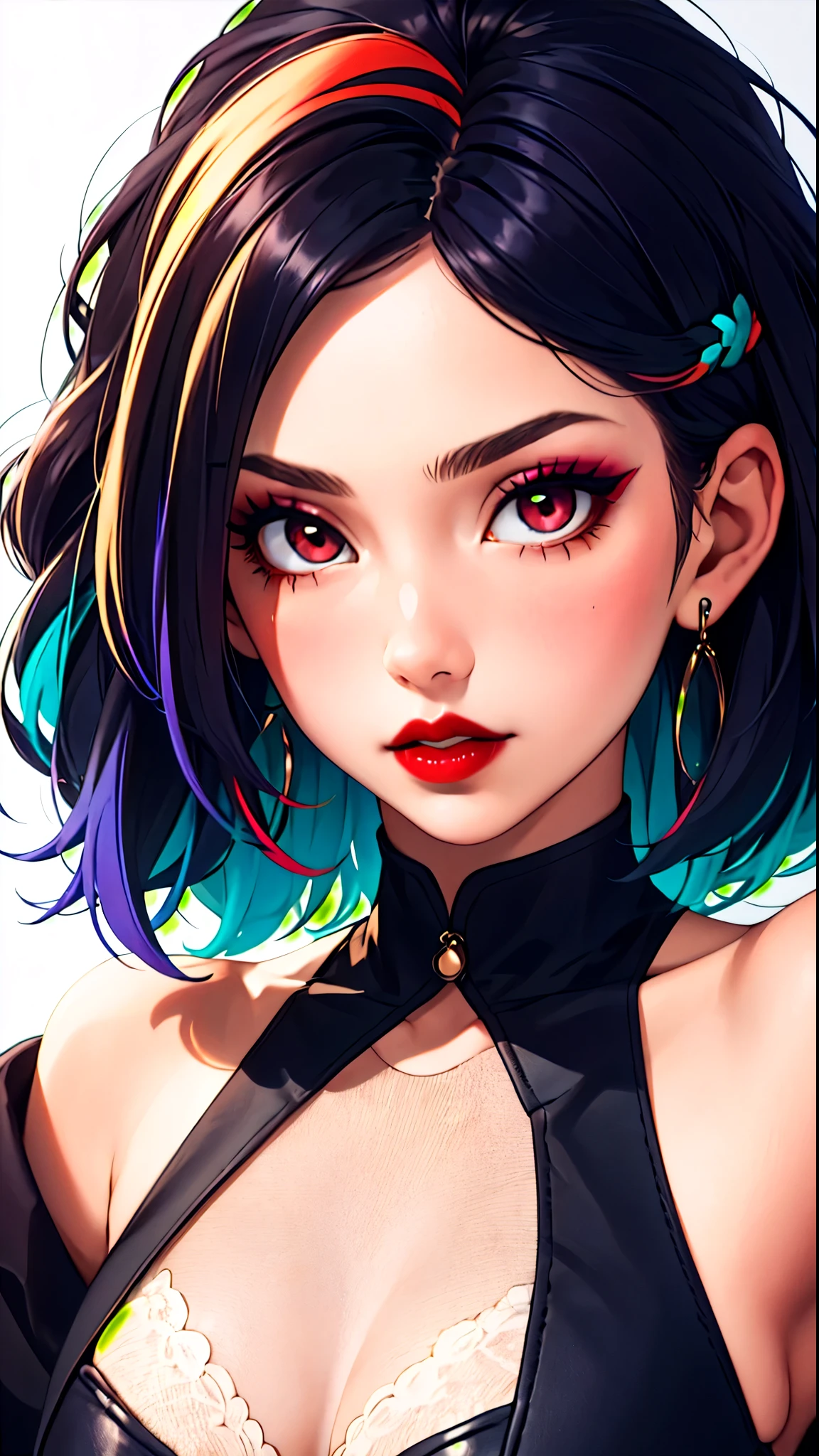 1girl, solo, above the waist shot, going shooping, multicolored hair, makeup, parted lips, red lips, eyeliner,