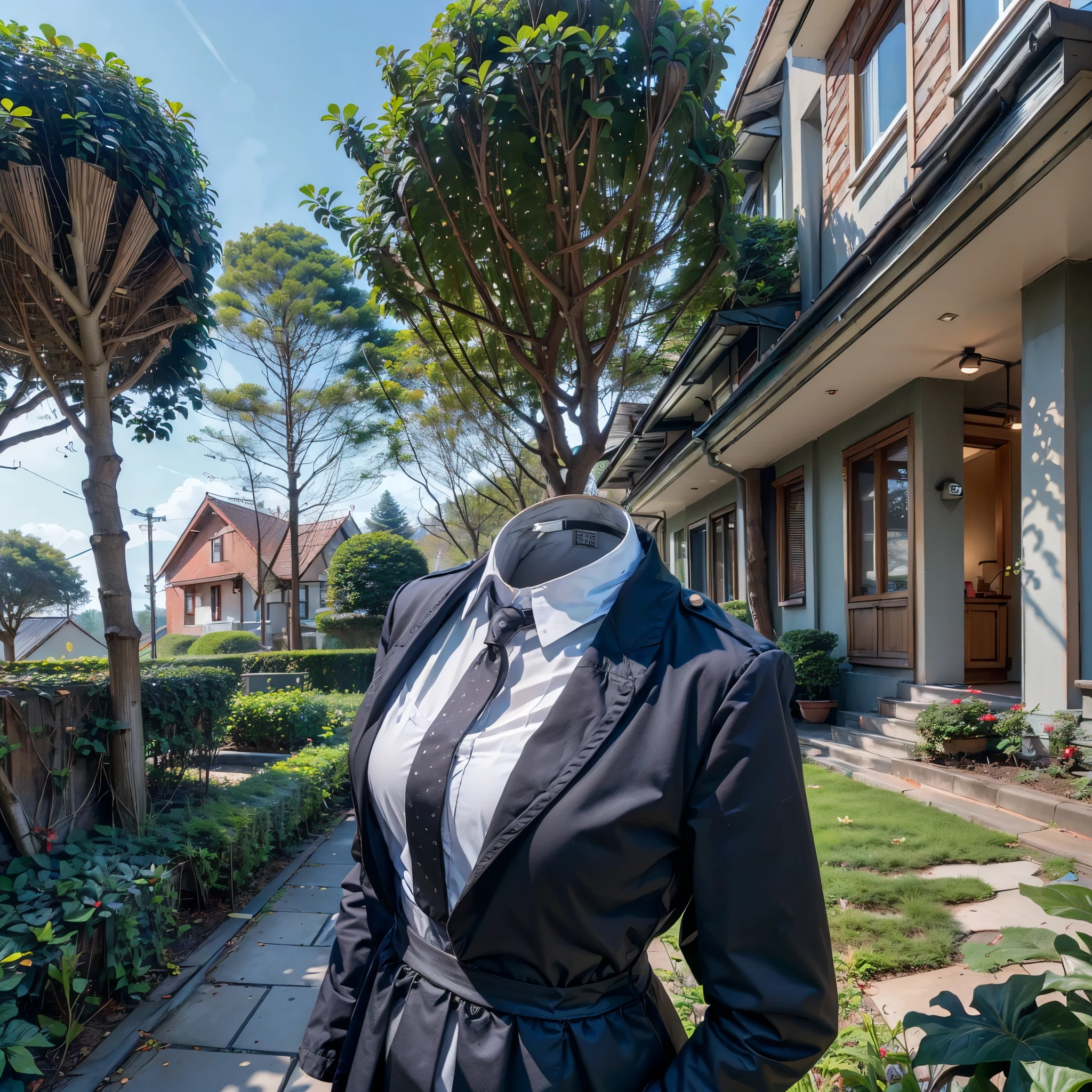 (invisible, no humans, headless, handless, faceless:1.5), 1girl, highres, stripe tie, school uniform, black dress, red ribbon, long sleeves, neck ribbon, school jacket, collared dress, in garden, photon mapping, radiosity, ((Hasselblad photography)), physically-based rendering, detailed cloth texture, (arched back)
