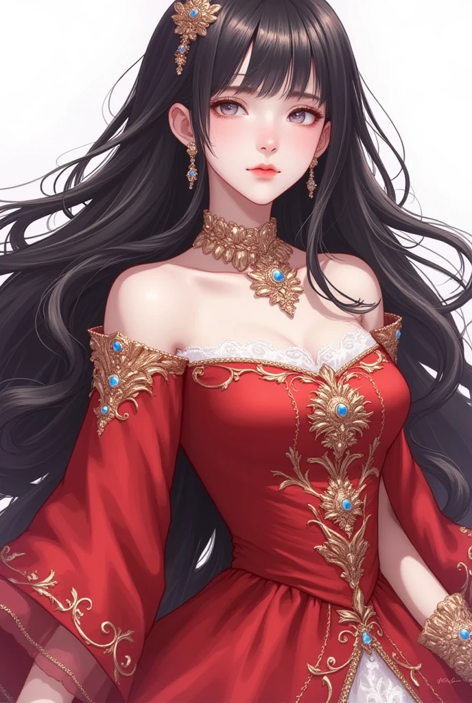 A black-haired, black-eyed woman with a crown and bangs, wearing an evening gown, is a 2D, white skin, and has long hair.