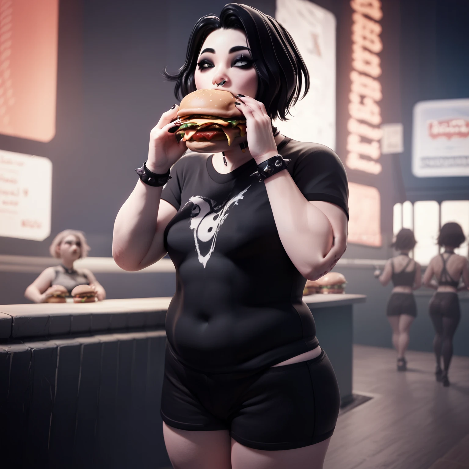 masterpiece, best quality, high quality, doomer girl, goth gf, standing, plump, eating burger, night background,