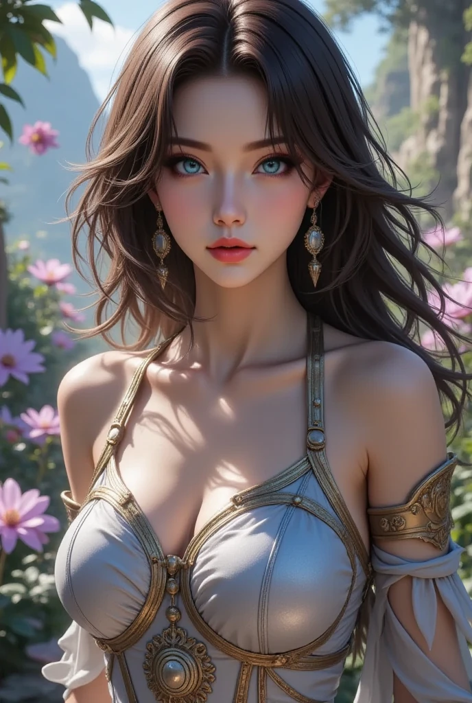 beautiful detailed eyes, beautiful detailed lips, extremely detailed eyes and face, long eyelashes, one girl, elegant female, slim, hourglass figure, athletic, dark hair, blue eyes, porcelain skin, stunning, graceful, serene expression, outdoor, garden, lush foliage, blooming flowers, sunlight, warm tones, soft lighting, highly detailed, photorealistic, 8k, masterpiece, cinematic, portrait
