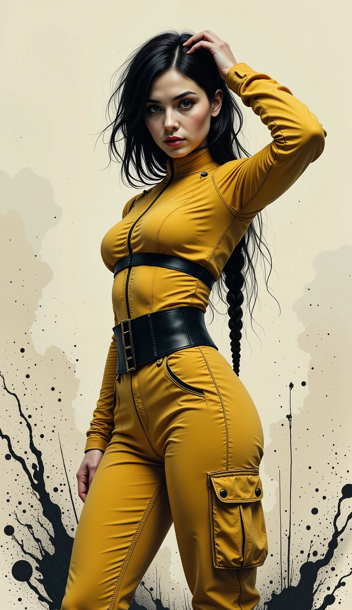 a woman dressed in a yellow suit , wide pants with long black belts , she carries a hand to her head , as if accommodating her hair , She has a very long braid , pose of dynamic and sensual action posing for a photo, photograph of a woman wearing technological clothing , cargo pants. CYBERPUNK CITY, Yellow spacesuit, yellow mono, Female main character, Cyberpunk 20 years. or Model Girl , Renderizado 3D, character art, 8K, Loba Andrade from Apex Legends, cyberpunk costume, fashion illustration cypherpunk , official character art , dark callejon background, comic style art, lois van rossdraws, Charlie Bowater and Artgerm , graphic novel art , in the style of Charlie Bowater , beautiful artwork , artistic style Charlie Bowater , ( better quality,4k,8K, high resolution sweatshirt, masterpiece:1.2), ultra detailed, sharp focus,(realistic,photorealistic,photo-realistic:1.37), very detailed face, extremely detailed facial features,hyper realistic skin texture, Extremely fine details , intricate details, detailed eyes,Detailed nose, detailed lips, detailed facial expressions ,Intricate facial anatomy, intense lighting, dramatic lighting , changing lighting , cinematic lighting,chiaroscuro lighting, dramatic shadows ,dramatic moments, vivid colors,intense colors,Deep contrast, cinematic depth of field , film composition , motion picture camera angle
