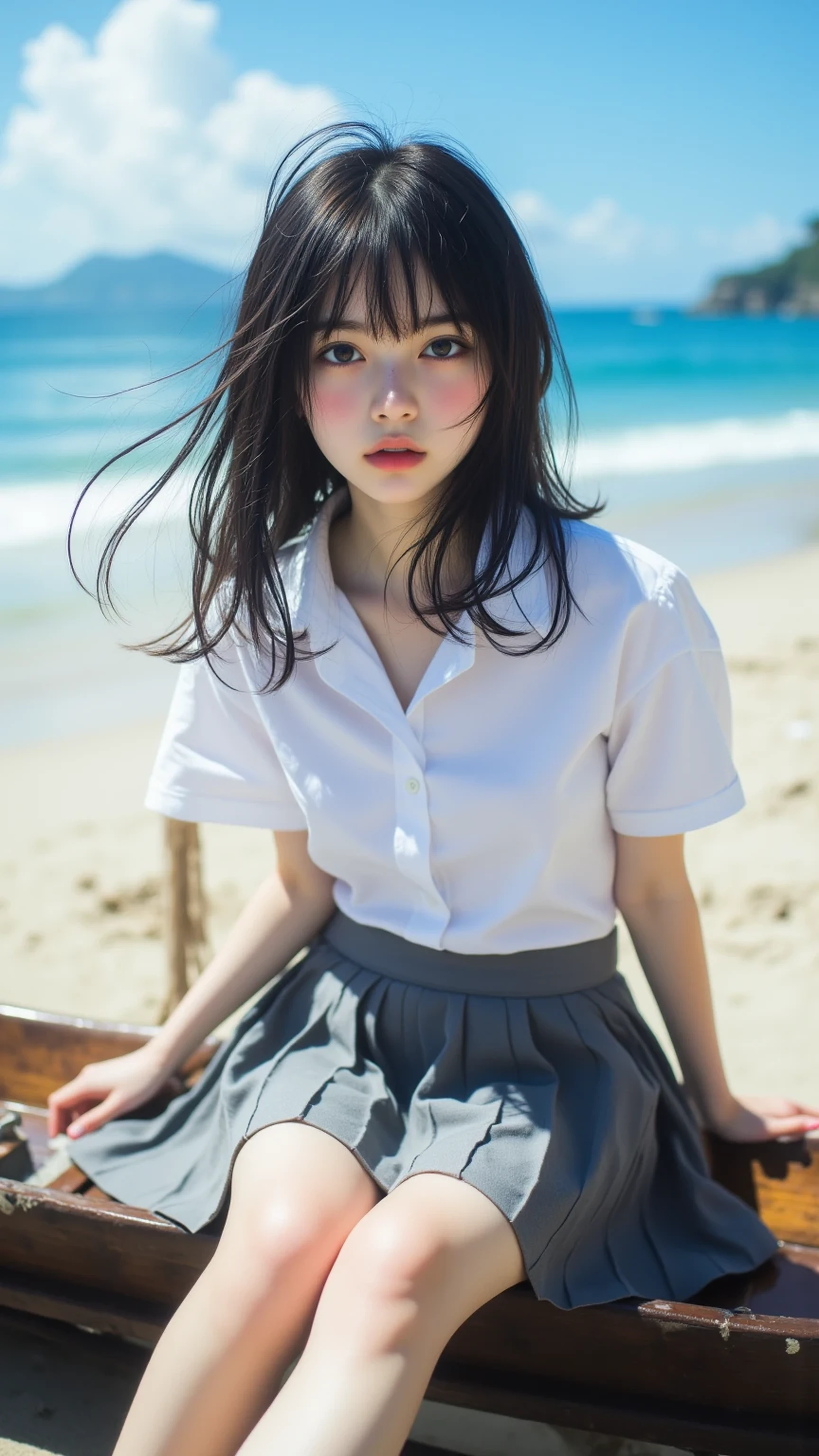 8k, masterpiece, highest quality, Surrealism, Korea's Beautiful Women, High-angle, slightly elevated viewpoint. Dark hair, pale skin, young, serious expression. White shirt, gray pleated skirt, school uniform style. Relaxed, legs dangling, seated. Ocean, beach, blue sky, clouds, wooden boat.