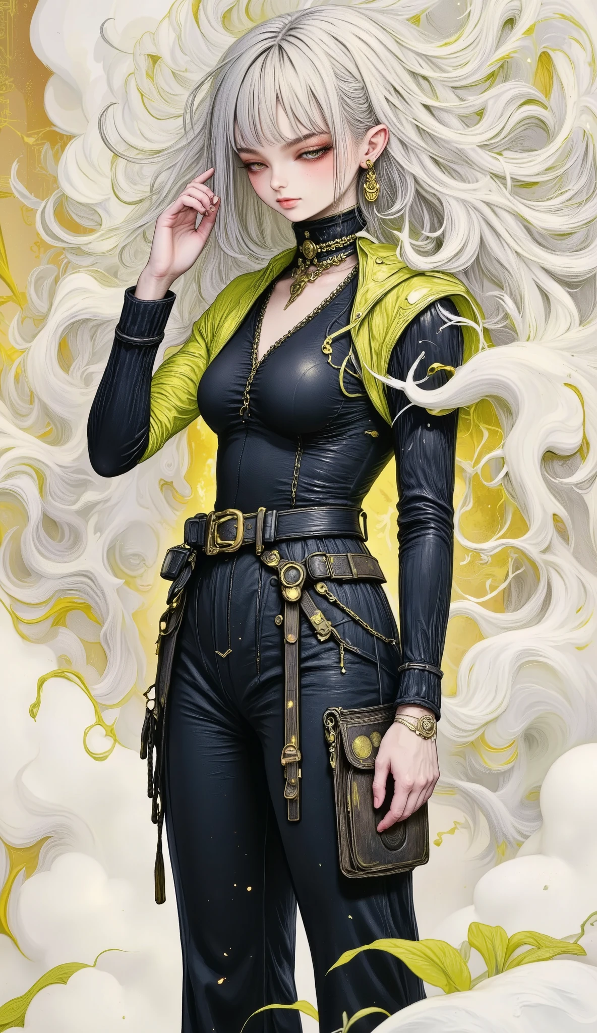  a woman dressed in a yellow suit  ,  wide pants with long black belts ,  she carries a hand to her head ,  as if accommodating her hair , She has a very long braid ,  pose of dynamic and sensual action posing for a photo,  photograph of a woman wearing technological clothing ,  cargo pants. CYBERPUNK CITY, Yellow spacesuit, yellow mono, Female main character, Cyberpunk 20 years. or Model Girl , Renderizado 3D, character art, 8K, Loba Andrade from Apex Legends, cyberpunk costume,  fashion illustration cypherpunk ,  official character art , dark callejon background, comic style art, lois van rossdraws,  Charlie Bowater and Artgerm ,  graphic novel art ,  in the style of Charlie Bowater ,  beautiful artwork ,  artistic style Charlie Bowater , ( better quality,4k,8K, high resolution sweatshirt, masterpiece:1.2), ultra detailed, sharp focus,(realistic,photorealistic,photo-realistic:1.37), very detailed face, extremely detailed facial features,hyper realistic skin texture, Extremely fine details , intricate details,  detailed eyes,Detailed nose, detailed lips, detailed facial expressions ,Intricate facial anatomy, intense lighting,  dramatic lighting , changing lighting , cinematic lighting,chiaroscuro lighting, dramatic shadows ,dramatic moments, vivid colors,intense colors,Deep contrast, cinematic depth of field , film composition , motion picture camera angle 