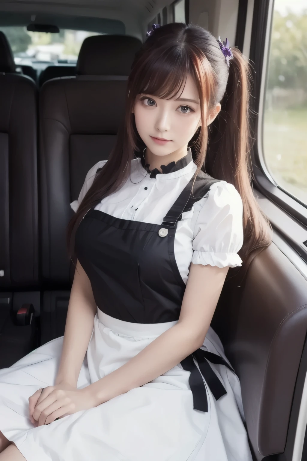 Masterpiece,(  top quality ,   illustration ,  detailed face :1.3),(  in the seat, alone:1.3),  beautiful detailed eyes,    apron,   gradation where you lie down_background,   gradation where you lie down, Maid,    Purple Eyes,red hair,  small breasts,, break, enMaided, white_  apron, black_  dress,   ponytail, black_  footwear, Frilled_  apron,   dress, Maid_  apron,   alternate _hair,very long hair, _  ponytail, halo 