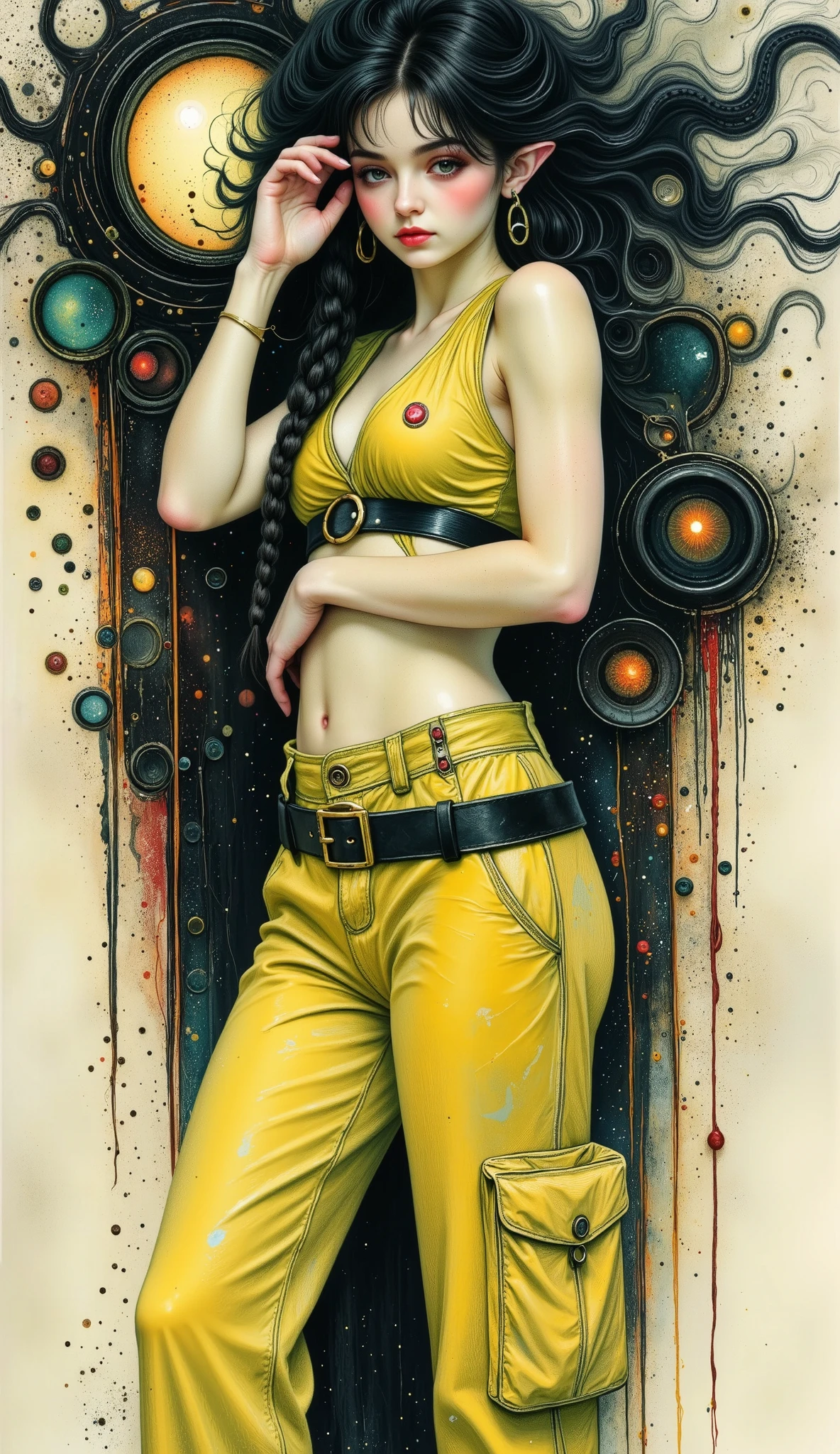a woman dressed in a yellow suit , wide pants with long black belts , she carries a hand to her head , as if accommodating her hair , She has a very long braid , pose of dynamic and sensual action posing for a photo, photograph of a woman wearing technological clothing , cargo pants. CYBERPUNK CITY, Yellow spacesuit, yellow mono, Female main character, Cyberpunk 20 years. or Model Girl , Renderizado 3D, character art, 8K, Loba Andrade from Apex Legends, cyberpunk costume, fashion illustration cypherpunk , official character art , dark callejon background, comic style art, lois van rossdraws, Charlie Bowater and Artgerm , graphic novel art , in the style of Charlie Bowater , beautiful artwork , artistic style Charlie Bowater , ( better quality,4k,8K, high resolution sweatshirt, masterpiece:1.2), ultra detailed, sharp focus,(realistic,photorealistic,photo-realistic:1.37), very detailed face, extremely detailed facial features,hyper realistic skin texture, Extremely fine details , intricate details, detailed eyes,Detailed nose, detailed lips, detailed facial expressions ,Intricate facial anatomy, intense lighting, dramatic lighting , changing lighting , cinematic lighting,chiaroscuro lighting, dramatic shadows ,dramatic moments, vivid colors,intense colors,Deep contrast, cinematic depth of field , film composition , motion picture camera angle