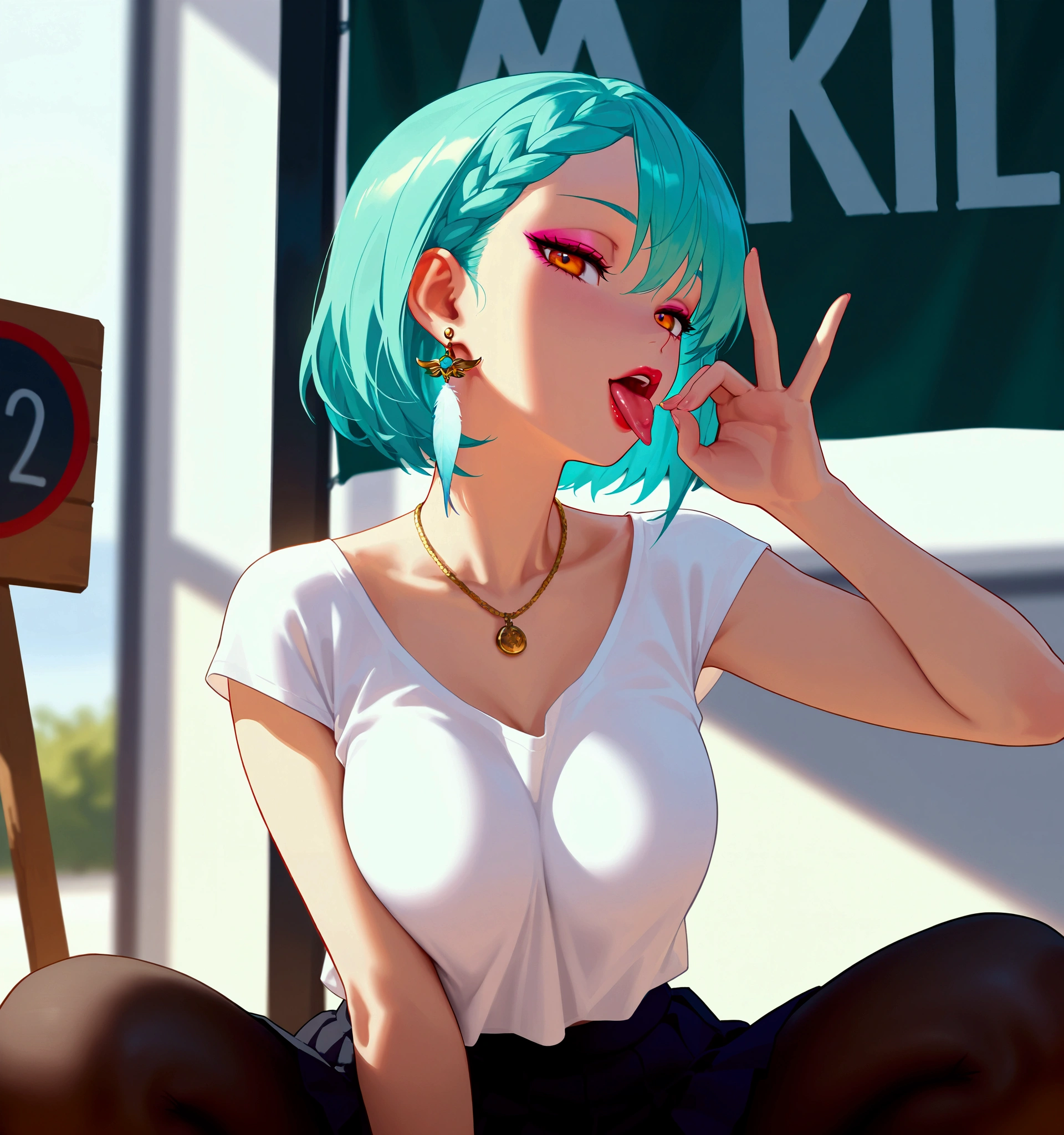 dal, , (intricate detail:1.2), 1girl, amputee, artist_request, bandages, barefoot, bikko, blue_eyes, cigarette, multicolored_hair, noose, one-eyed, original, scar, scar_across_eye, scar_on_face, short_hair, sitting, solo, stool, strap_slip, two-tone_hair, (dynamic pose:1.3), high contrast, electric yellow theme, hand up, hand,