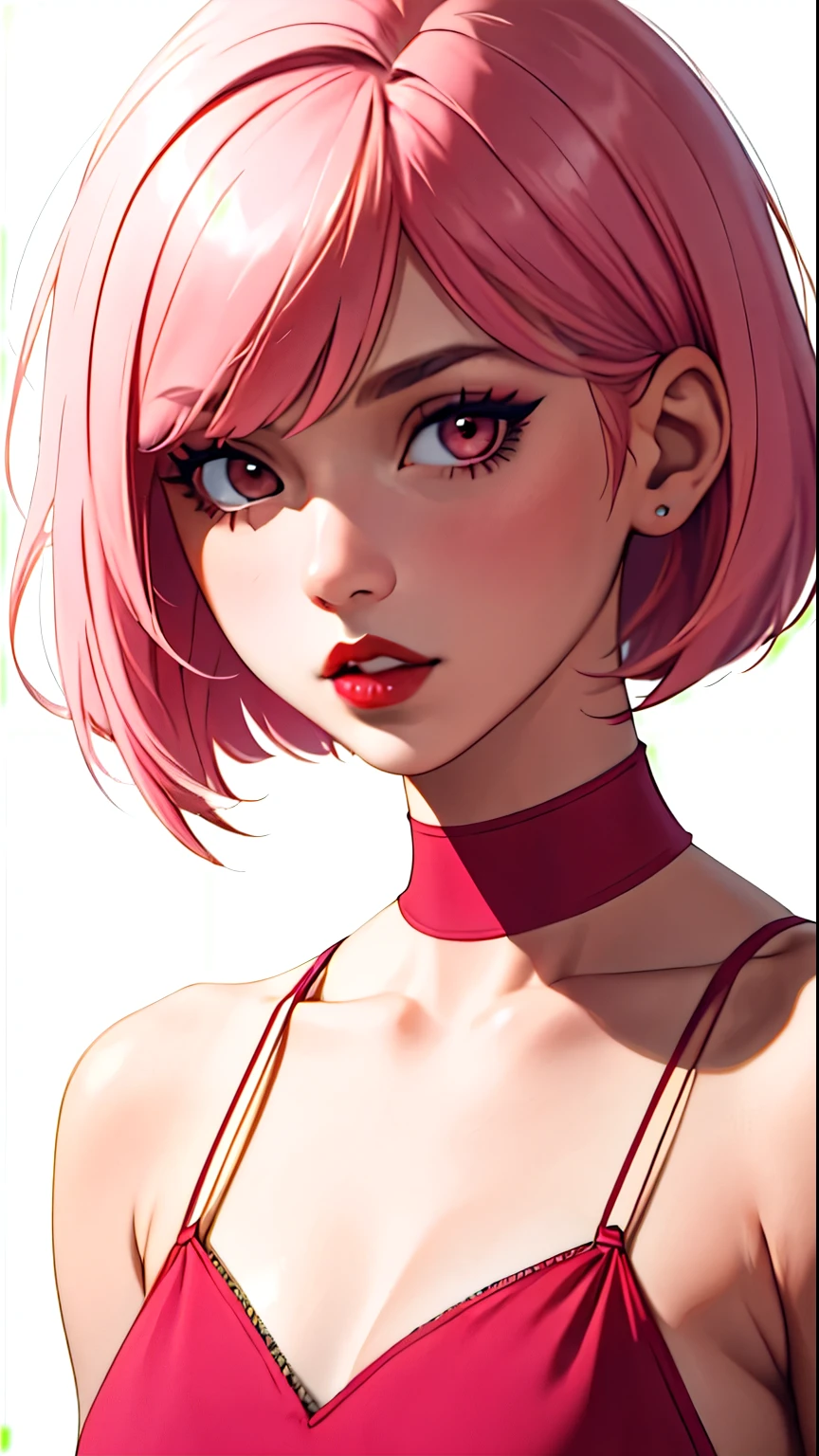 1 girl, Alone, upper body, watches viewers, White background, bob cut, short hair, pink hair, compensate, Parted lips, red lips, eyeliner,