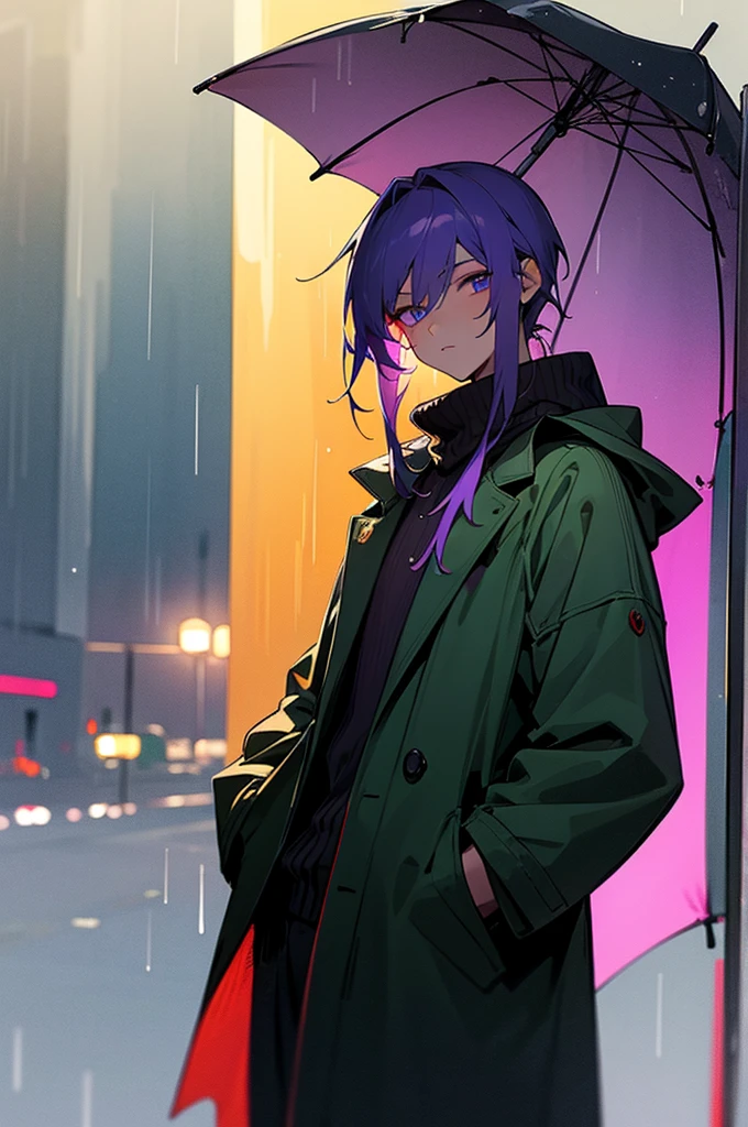 young boy, purple eyes, wearing green jacket, green jacket with hood, , black pants, purple hair in sholders height, in the city, rain city, gas mask, master piece, 4k, detailed eyes