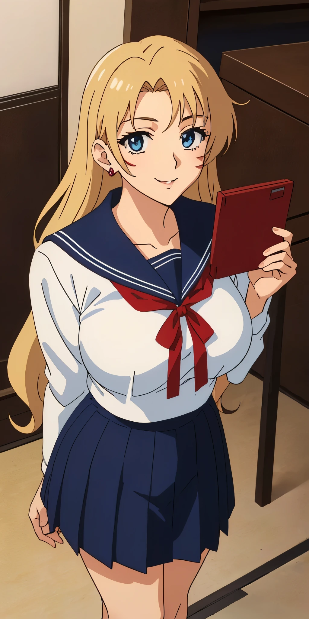 Young woman drawn in 80’s anime art style.
Retro anime. Vintage Anime. Classical Anime.
She has long and wavy blonde hair, blue eyes, full lips, and a beauty mark located under the right side of her mouth. She is well known for her curvaceous figure of which her most distinctive trait is her very large breasts. She is also wearing jewelry and a seductive smile.
She is wearing a sailor fuku (セーラー服, sērā fuku, sailor outfit) is a common japanese style of uniform worn by women, traditionally by high school female students.
The uniform generally consists of a sailor-styled blouse attached with a (Navy blue sailor-style collar) and a Dark Navy Blue Sailor Blouse. The length of the long skirt goes down past her ankle.
A ribbon is tied in the front and laced through a loop attached to the sailor blouse. The color is the ribbon is red. (RED RIBBON)
(Dark Navy Blue Sailor Shirt)
(Dark Navy Pleated Skirt)
She is holding a briefcase
(High School)