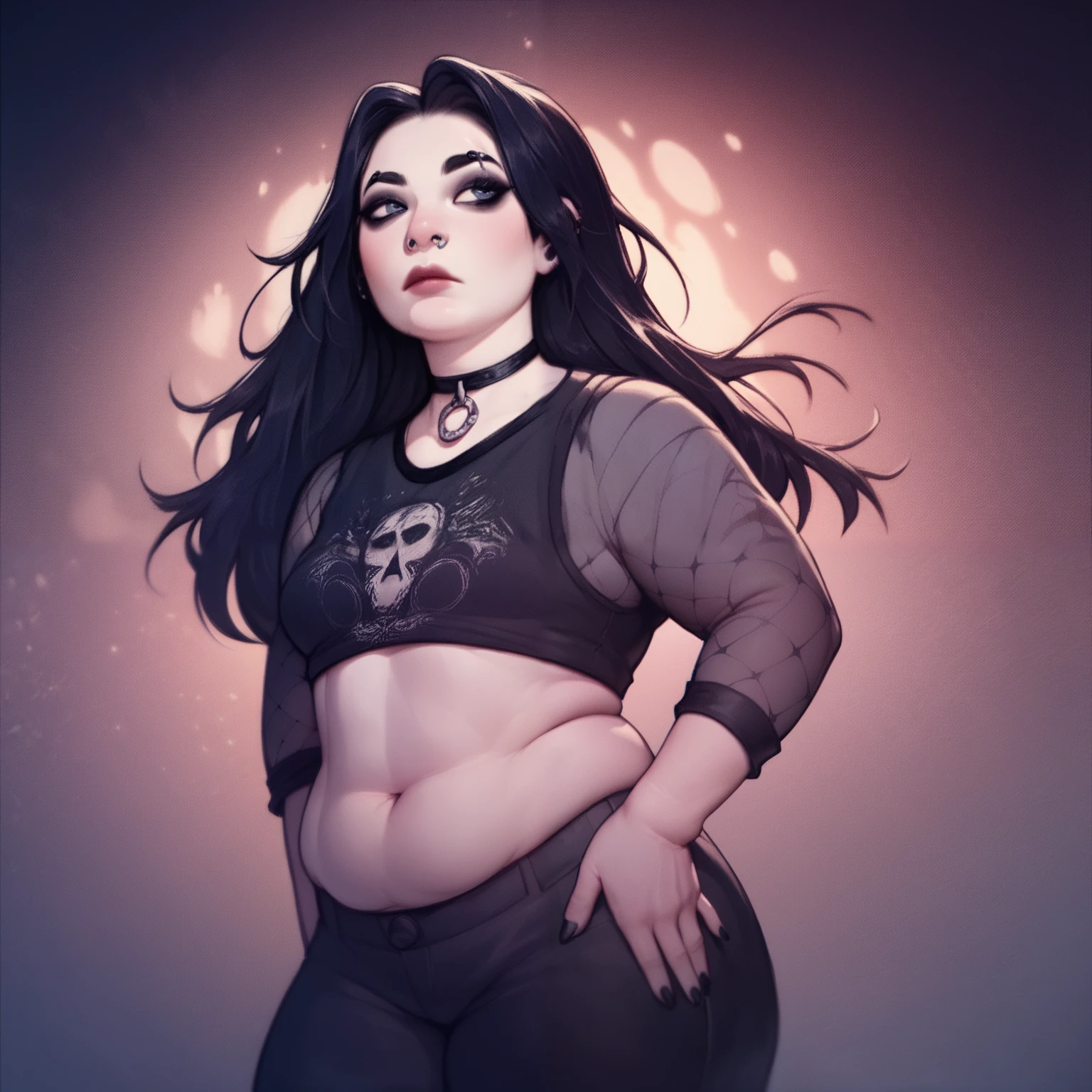 masterpiece, best quality, high quality, doomer girl, goth gf, standing, plump, night background, long hair