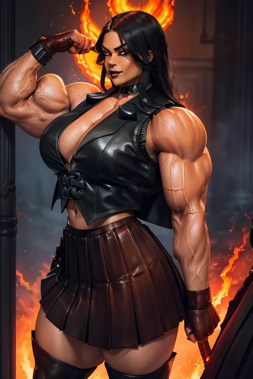 ((((Massive tall, beautiful, buff, brown skinned muscular woman with black hair, tattooed body adorned with intricate designs, ginormous bulky muscles, and wearing a beautiful silk black halter top with black pants)))), ((close view)), massive muscle, massive biceps, hyper muscle shoulders, ((massive muscle arms)) vascular shoulders, hyper muscle triceps, (straight long hair), orange eyes, ((tattooed body adorned with intricate designs)), choker, (pants), high heel boots, (surrounded by black colored fire and flames), confident smile, night, hyper vascular arm, hyper muscles arms, hyper muscle legs, (massive arms).