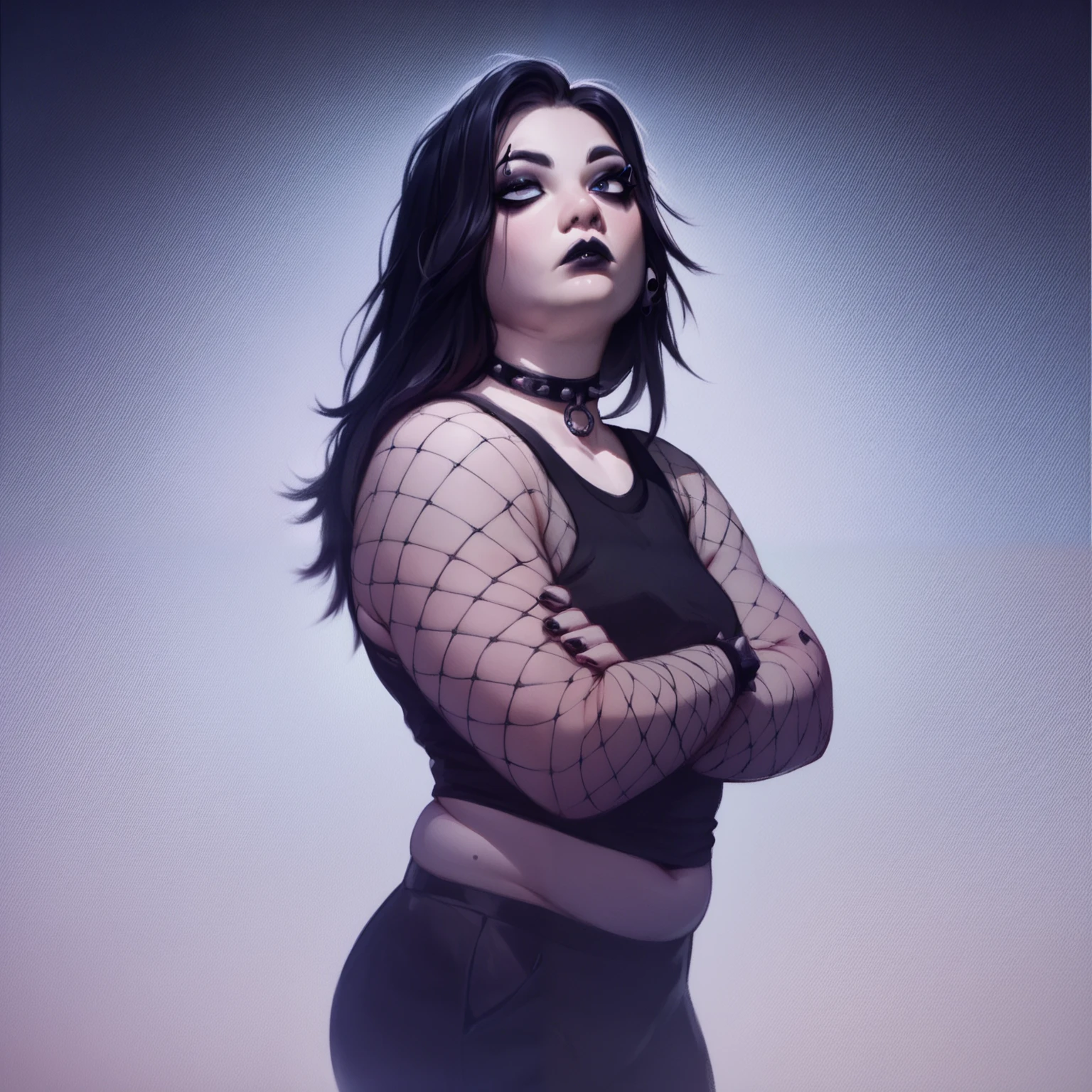 masterpiece, best quality, high quality, doomer girl, goth gf, standing, plump, night background, long hair