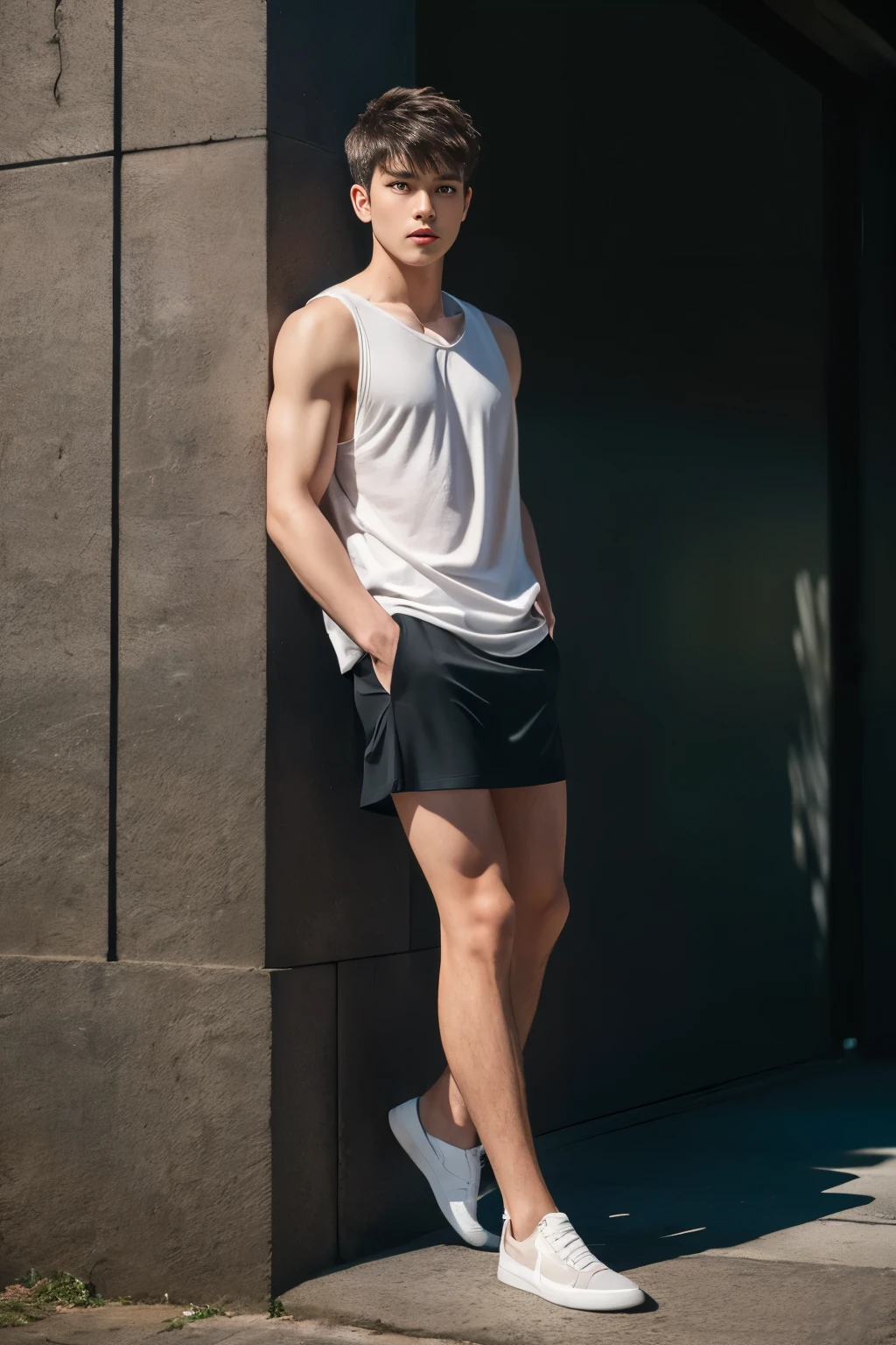 boy,full body, professional, photoshoot Best quality, masterpiece, ultra high res, (photorealistic:1.4), raw photo, 1boy, offshoulder, in the dark, deep shadow, low key, cold light, detailed skin, casual dress for male