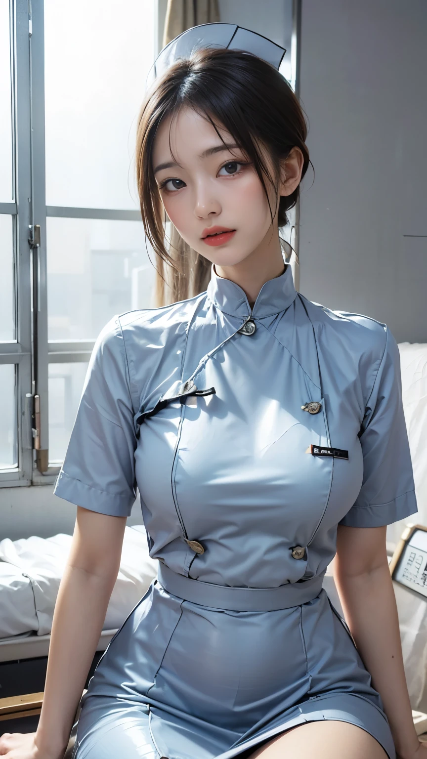 (masterpiece, highest quality, highest quality, Official Art, Beautiful and aesthetic:1.2), Cinematic lighting、(Key light at 45 degrees from the front,Orange fill light、Soft blue backlight、Strong shadows、Blue and orange color palette), Accurate human body、Detailed people、Correct five-finger、4K - ultra-vivid、highest quality, masterpiece, Ultra-high resolution, Detailed Background、The perfect background、 Look up on all fouresugaki Smile:1.2),
((Oily skin,Sparkling Skin、Realistic skin texture、Detailed beautiful skin、Shiny skin、Slimy skin、Glowing Skin、Shiny skin)), White skin, Real human skin, (be familiar with), Oval Face, pore, Ultra-high resolution, (8K, RAW Photos, Realistic: 1.4), One Girl, slim, (Gentle, goddess-like eyes) happiness: 1.2), (Lip gloss, eyelash, Gloss Face, highest quality, Ultra-high resolution, wide lighting, Natural Shading)、sexy nurse、(On all fours on the bed:0.5), Absolute area、long beautiful thin legs、low length、Hospital room、hospital、Sexy smile expression:0.8, (Closed curtains、Dark, unlit room:0.8)
