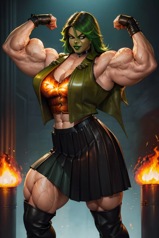 hands on own chest, 4k, extremely muscular goblin tomboy, posing in front of mountain cave entrance, outside, sunset, brash, confident, light green skin, green eyes, shoulder length messy green hair, very big breasts, happy, battle face, showing off, topless, squeezing breasts together, worn loin cloth, scars, fur arm bracelets, red tattoos, face tattoo, sharp teeth, 1girl, solo, big grin, horny, seductive, nsfw, muscle girl bulk