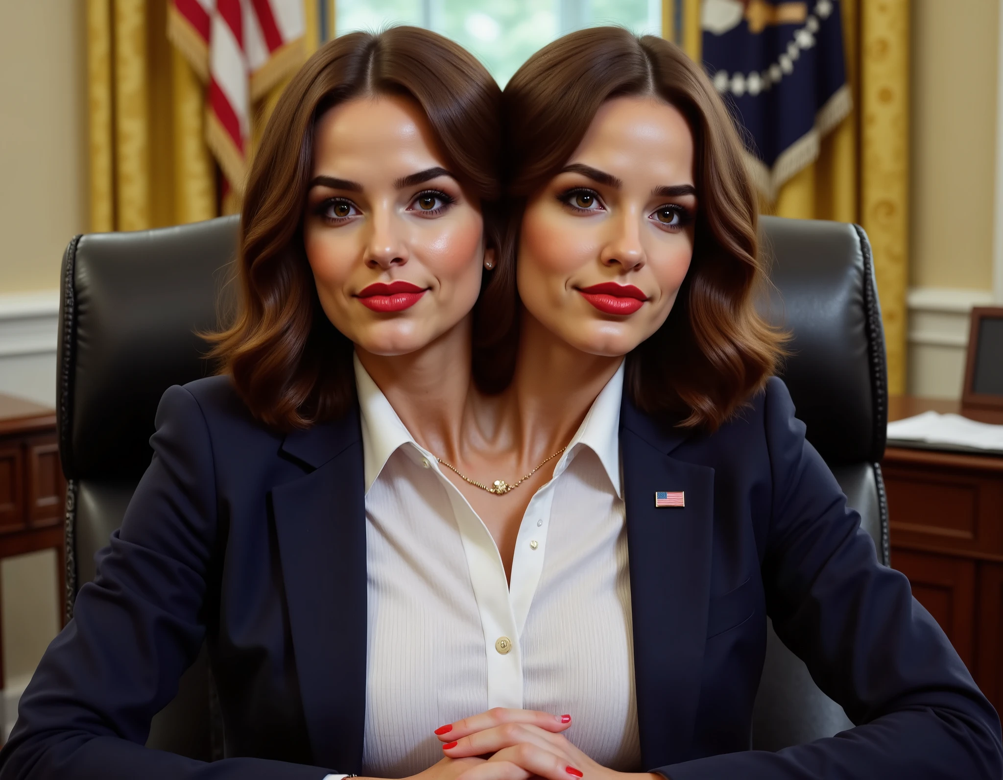 realistic face two headed Caucasian female with brown hair and brown eyes a in business suit, us president, very fit, two heads, conjoined, white polo shirt, round boobs, sitting in Oval Office, us flag pin on blazer, red fingernails, red lips, late 40s, wavy hair, necklace, 
