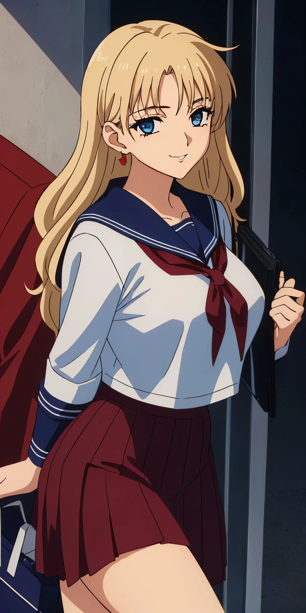 Young woman drawn in 80’s anime art style.
Retro anime. Vintage Anime. Classical Anime.
She has long and wavy blonde hair, blue eyes, full lips, and a beauty mark located under the right side of her mouth. She is well known for her curvaceous figure of which her most distinctive trait is her very large breasts. She is also wearing jewelry and a seductive smile.
She is wearing a sailor fuku (セーラー服, sērā fuku, sailor outfit) is a common japanese style of uniform worn by women, traditionally by high school female students.
The uniform generally consists of a sailor-styled blouse attached with a (Navy blue sailor-style collar) and a Dark Navy Blue Sailor Blouse. The length of the long skirt goes down past her ankle.
A ribbon is tied in the front and laced through a loop attached to the sailor blouse. The color is the ribbon is red. (RED RIBBON)
(Dark Navy Blue Sailor Shirt)
(Dark Navy Pleated Skirt)
She is holding a briefcase
(High School)