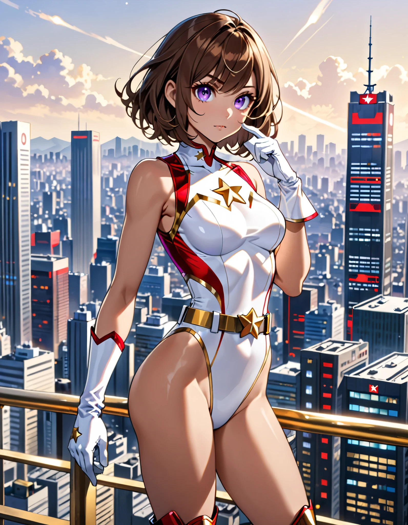(masterpiece), (best quality), (high res), medium breasts, ((leotard, white and red leotard, matching leotard, sleeveless, bare legs)), ((tight belt, gold belt)), ((boots, matching boots, ankle-high boots, white boots)), ((gloves, white gloves)), city backdrop, tokyo city backdrop, solo, solo focus, standing, (full body), cowboy shot, superhero, ((beautiful detailed eyes)), ((gold star symbol on chest)), (brown hair, medium hair, bob hair, purple eyes), (perfect hands, perfect anatomy), cowboy shot, superhero, ((beautiful detailed eyes)), full body costume design.