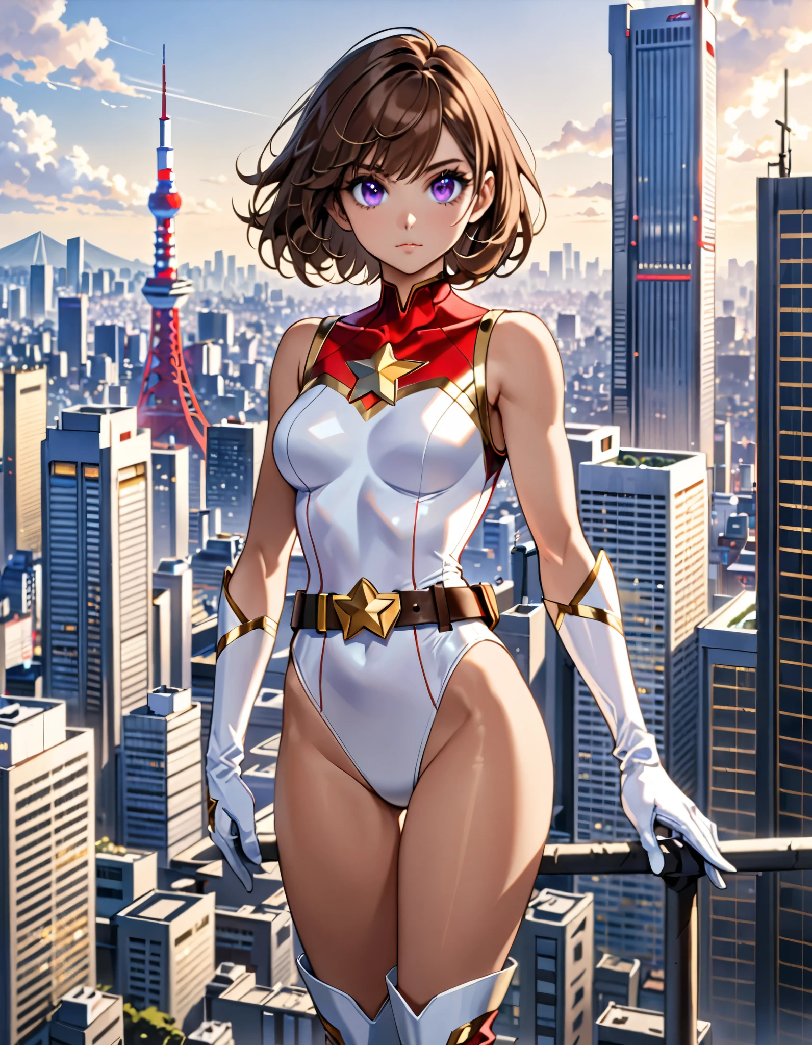 (masterpiece), (best quality), (high res), medium breasts, ((leotard, white and red leotard, matching leotard, sleeveless, bare legs)), ((tight belt, gold belt)), ((boots, matching boots, ankle-high boots, white boots)), ((gloves, white gloves)), city backdrop, tokyo city backdrop, solo, solo focus, standing, (full body), cowboy shot, superhero, ((beautiful detailed eyes)), ((gold star symbol on chest)), (brown hair, medium hair, bob hair, purple eyes), (perfect hands, perfect anatomy), cowboy shot, superhero, ((beautiful detailed eyes)), full body costume design.