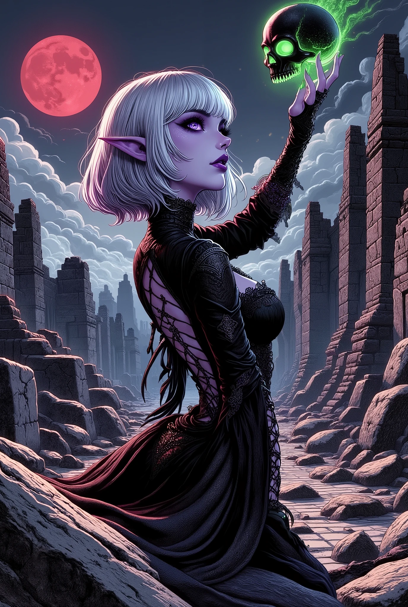 (Ultra-detailed face, Looking away, Gothic Illustration, Dark tone colors. She has five fingers on her hands and five toes on her feet.), BREAK
(The night sky with a blood-red moon seen through thin clouds. The area is dim and black gas is in the air. In the center of the ceremonial square of the ruins, lined with old stone graveyards, a female dark elf necromancer turns her back and holds a shiny green crystal skull in her hand, offering it in front of her face in a graceful gesture and bold pose, one hand stretched wide above her head.), BREAK
(The young female dark elf necromancer has white hair, white eyebrows, blunt bangs, shoulder-length long messy hair, small pink lips, lavender eyes, dark purple skin, and thick eyeliner.), BREAK
(She wears a jet-black veil and a black silk ribbon tie. She wears a jet-black open-back lace-up dress with lace ruffles and crimson thread embroidery, and sandals with braided black laces.)