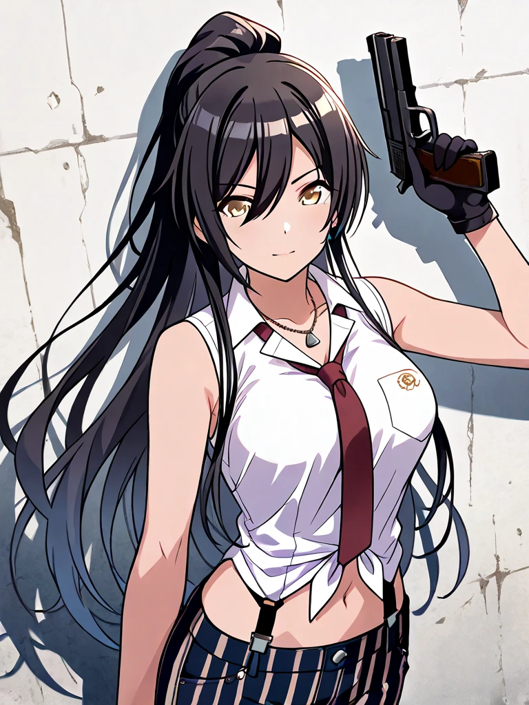 Black Hair, Forehead, 1girl, 独奏, blush, lipstick, masterpiece, best quality, highly detailed, a anime girls in police uniforms with a gun posing for a
picture, police outfit, military outfit, open mouth, cleavage, evil smile, smile, ecchi anime style, anime
girls, ecchi style, ecchi, digital anime art!!, in anime style, , (nsfw) not safe for work, official artwork,
visual novel cg, beautiful anime girl, anime style 4 k, micro pencil skirt, pencil skirt, micro skirt, exposed
belly, exposed navel, exposed midriff, exposed lower belly, holding a gun, , outdoor,street,road, next to police car, police car