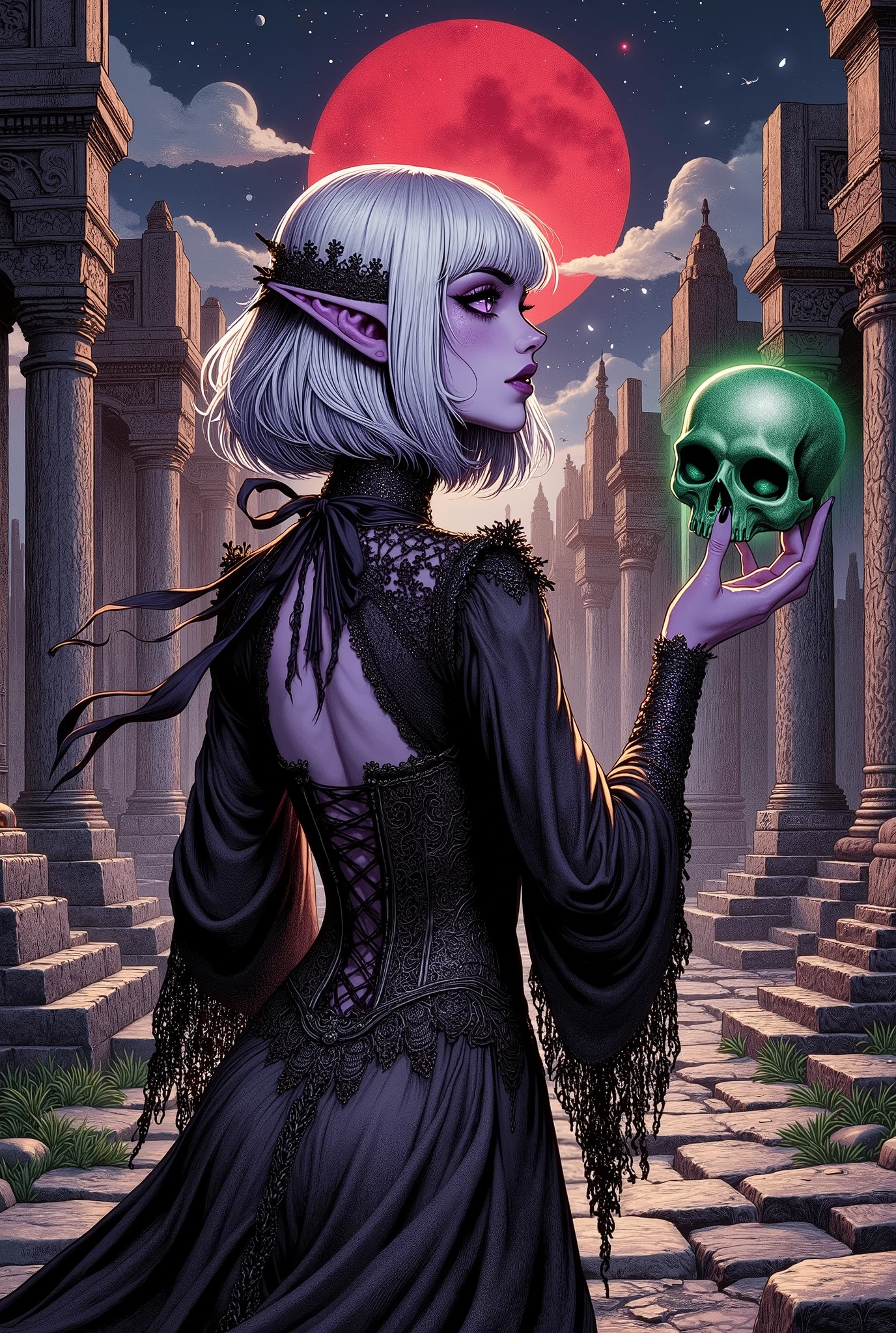 (Ultra-detailed face, Looking away, Gothic Illustration, Dark tone colors. She has five fingers on her hands and five toes on her feet.), BREAK
(The night sky with a blood-red moon seen through thin clouds. The area is dim and black gas is in the air. In the center of the ceremonial square of the ruins, lined with old stone graveyards, a female dark elf necromancer turns her back and holds a shiny green crystal skull in her hand, offering it in front of her face in a graceful gesture and bold pose, one hand stretched wide above her head.), BREAK
(The young female dark elf necromancer has white hair, white eyebrows, blunt bangs, shoulder-length long messy hair, small pink lips, lavender eyes, dark purple skin, and thick eyeliner.), BREAK
(She wears a jet-black veil and a black silk ribbon tie. She wears a jet-black open-back lace-up dress with lace ruffles and crimson thread embroidery, and sandals with braided black laces.)