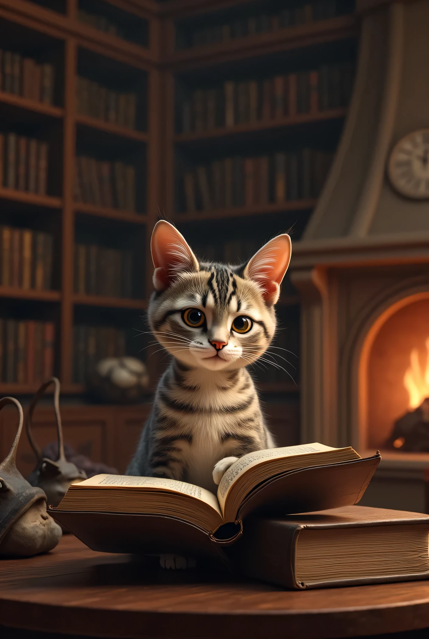 There is a cat sitting on a table with a book - SeaArt AI