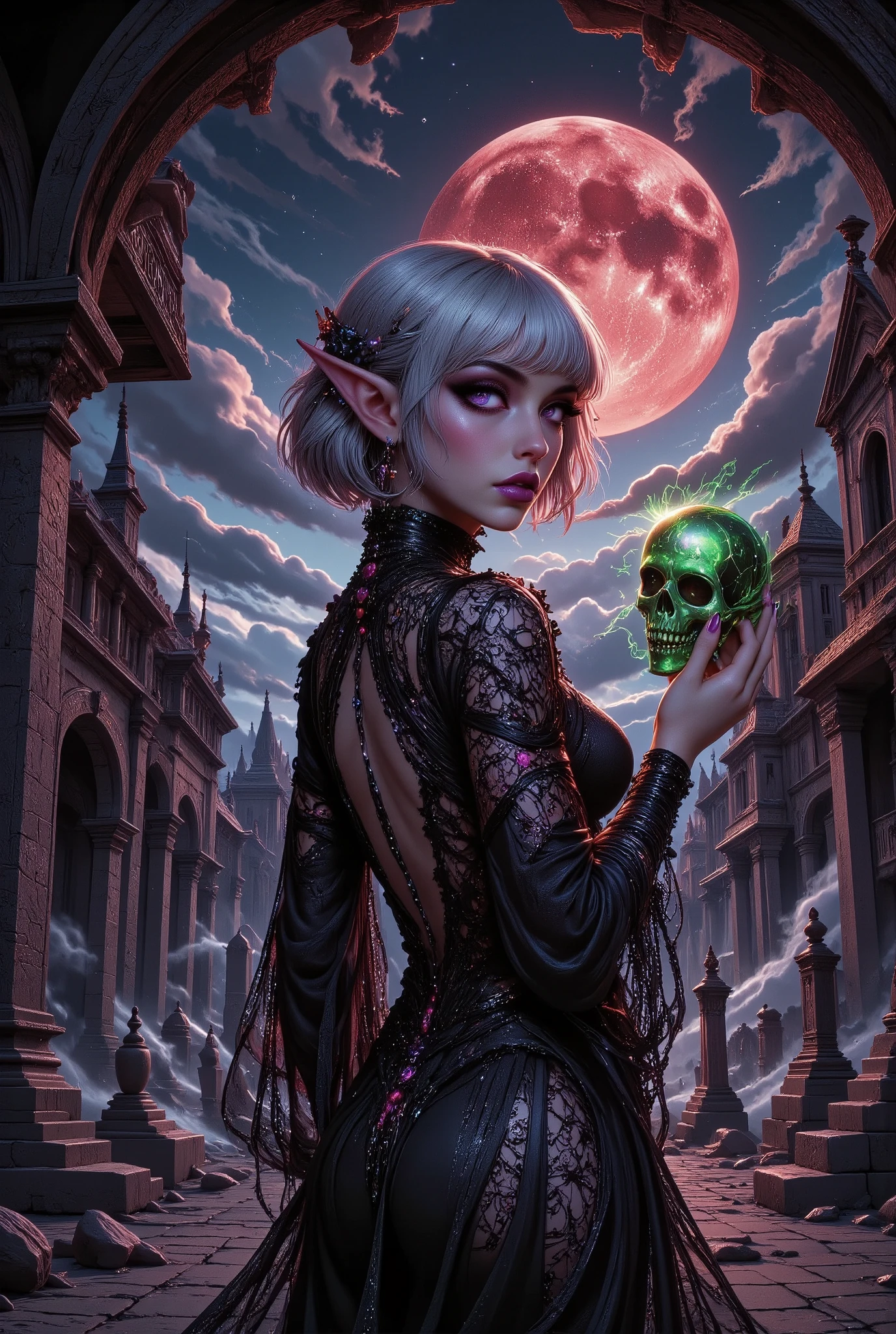 (Ultra-detailed face, Looking away, Gothic Illustration, Dark tone colors. She has five fingers on her hands and five toes on her feet.), BREAK
(The night sky with a blood-red moon seen through thin clouds. The area is dim and black gas is in the air. In the center of the ceremonial square of the ruins, lined with old stone graveyards, a female dark elf necromancer turns her back and holds a shiny green crystal skull in her hand, offering it in front of her face in a graceful gesture and bold pose, one hand stretched wide above her head.), BREAK
(The young female dark elf necromancer has white hair, white eyebrows, blunt bangs, shoulder-length long messy hair, small pink lips, lavender eyes, dark purple skin, and thick eyeliner.), BREAK
(She wears a jet-black veil and a black silk ribbon tie. She wears a jet-black open-back lace-up dress with lace ruffles and crimson thread embroidery, and sandals with braided black laces.)