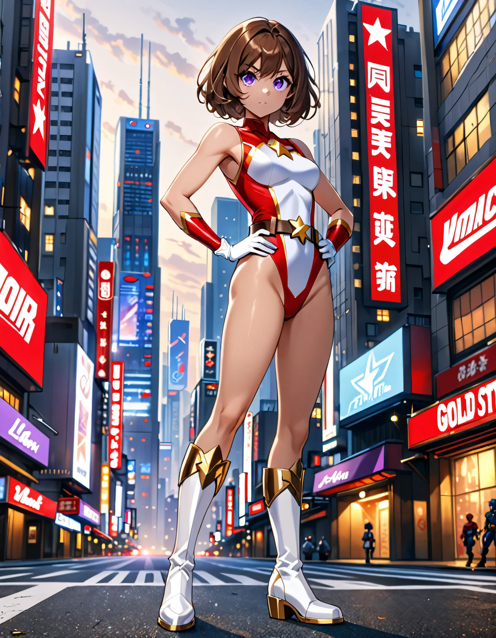 (masterpiece), (best quality), (high res), medium breasts, ((leotard, white and red leotard, matching leotard, sleeveless, bare legs)), ((tight belt, gold belt)), ((boots, matching boots, ankle-high boots, white boots)), ((gloves, white gloves)), city backdrop, tokyo city backdrop, solo, solo focus, standing, (full body), cowboy shot, superhero, ((beautiful detailed eyes)), ((gold star symbol on chest)), (brown hair, medium hair, bob hair, purple eyes), (perfect hands, perfect anatomy), superhero, ((beautiful detailed eyes)), full body costume design.