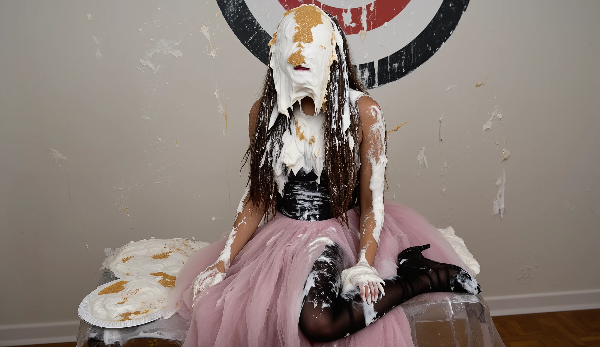 A beautiful 18-year-old girl with long, flowing dark hair and wearing a long satin formal dress and black strappy high heels sits in a chair in front of a wall that has a target painted on it directly behind where she is sitting. She is completely covered from head to toe with very thick white pie cream and the pies' white paper plates, including her face, of which her eyes, nose and mouth are completely obscured. There is more very thick white pie cream in her hair, on the wall behind her, on the chair and on the ground around her. ((Her mouth is closed)). (Full body shot). (No crusts). Carnival setting.