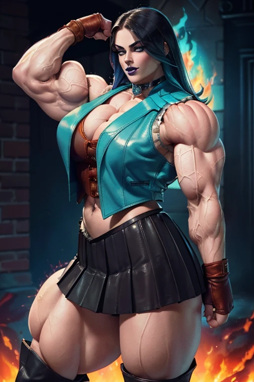 ((Close-up)), tall, (cyan hair) beautiful muscular woman, long beachy hair, pale white skinned, large breast, closed smile, (black lipstick), (massive muscles), (hyper muscle), ((ginormous bulky muscles)), purple eyes, (((cyan shirt))), (((long denim skirt with belt))), (fingerless gloves), necktie, boots, in a starry field,