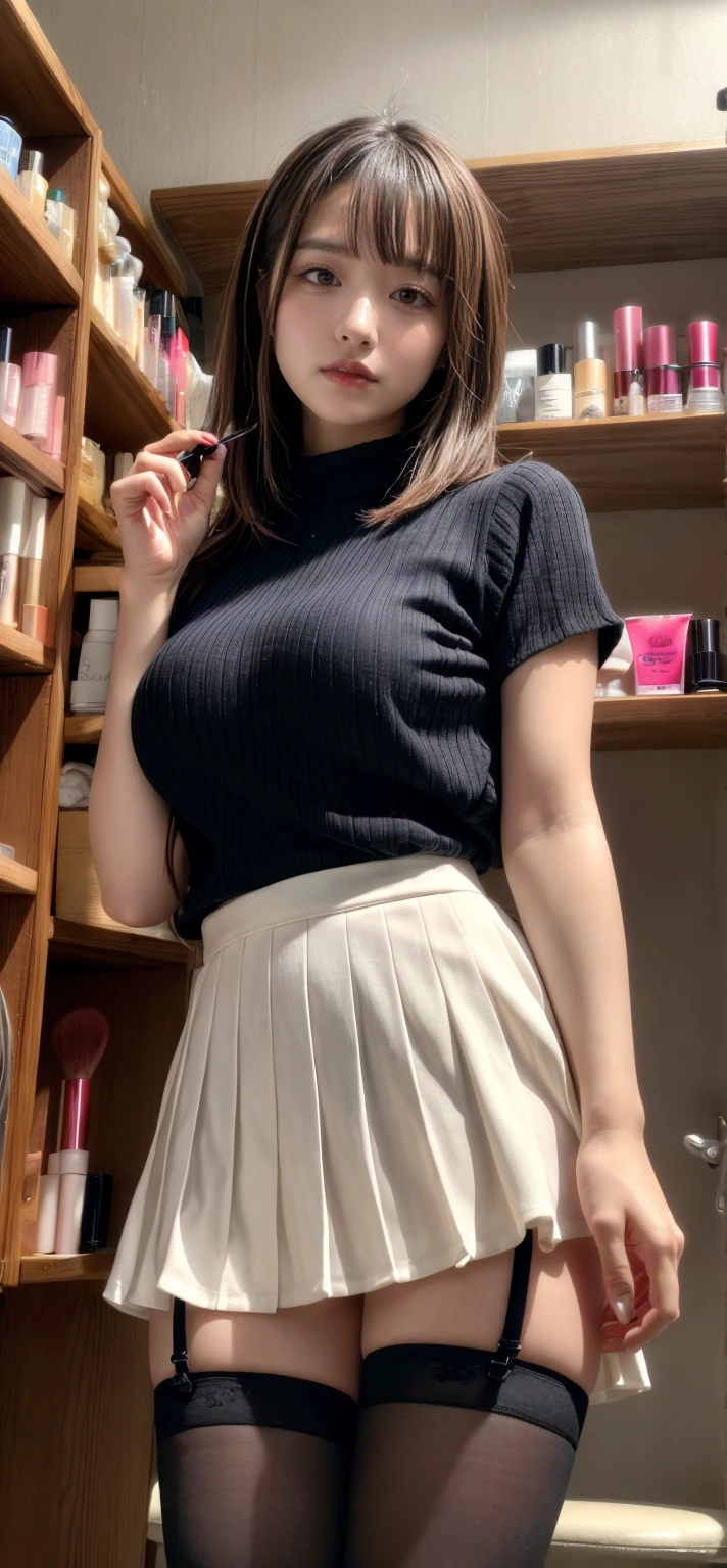 top-quality、超A high resolution、(Photorealsitic:1.4)、1人、Off-shoulder white shirt、Black tight skirt、Black Choker、(faded ash gray hair:1)、(huge-breasted:1.2)、looking at viewert、a closeup、校服、knee high socks、Brown hair、Shorthair、kawaii faces、Classroom、Tight uniform、Spread your legs apart、sexy underwear、Spread your legs boldly、Tight uniform、Mature look、plaid skirts、White shirt、neck tie、The shape of the pubic area is clearly visible、No Underwear、hi-school girl、Pubic hair is see-through、Clothes are wet and see-through、(large full breasts:1.35)、big butts、Wet and shiny skin