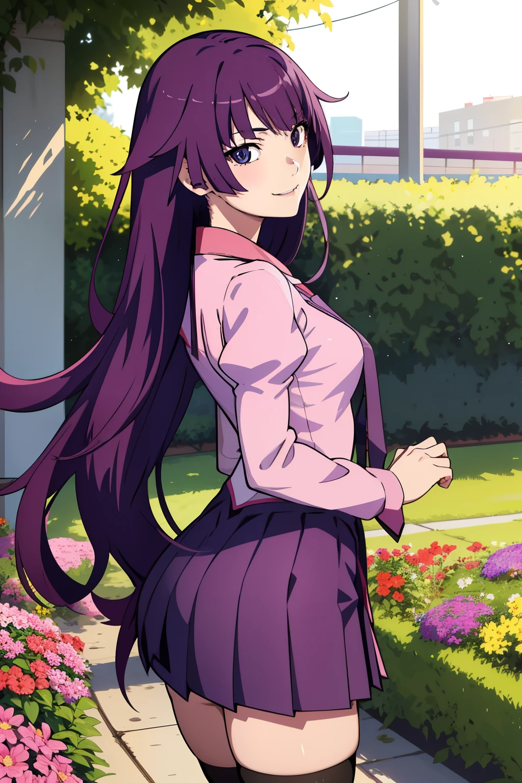 (melhor qualidade:1.3), Hitagi Senjougahara por Monogatari, (cabelos longos), peituda, clivagem, sedutora, rosto sexy, sexy, body curvy, bunda grande, peitos grandes, (Japanese school uniform), (escola)