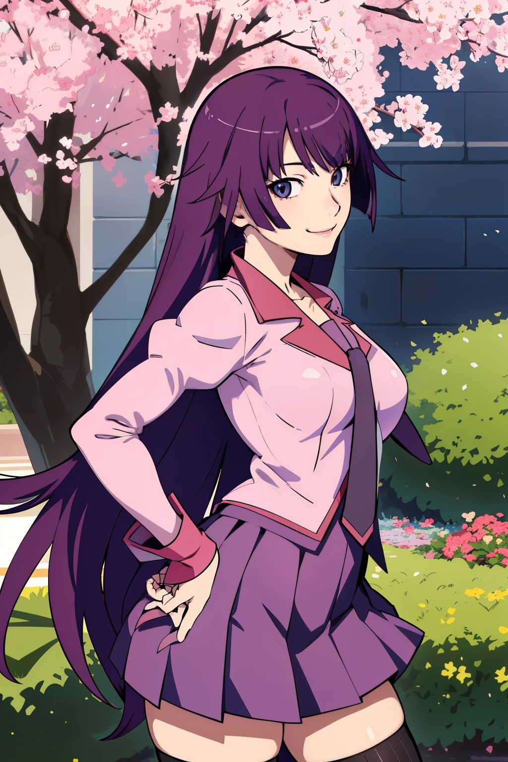(Masterpiece), (top quality), (high resolution), (detailed face), (focus on face), (Anime Coloring Book), (Perfect hands, Perfect Anatomy)
garden, flower, cowboy shot, smile, daylight,
1 girl, Alone, watches viewers, lean forward, fold your hands behind your back,
(Senjogahara Hitagi), long hair, medium boobs, small butt, thin legs, bangs,
thigh high socks, Long Sleeve, pink shirt, school uniform, pleated skirt, tie, puff sleeve, black thigh high socks, Zettai Ryoichi , Juliet Sleeve, naoetsu high school uniform