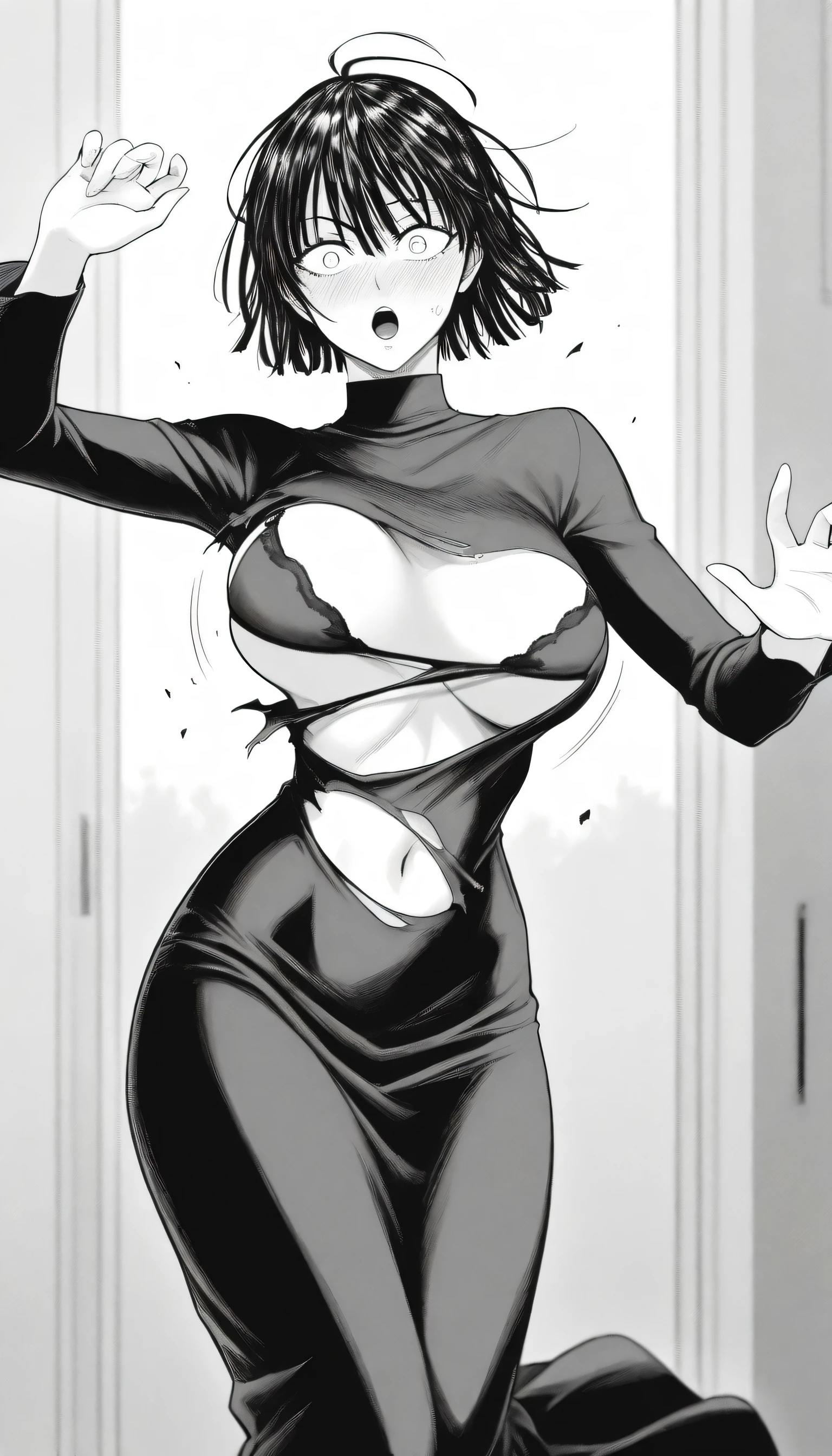 masterpiece, best quality, amazing quality, very aesthetic, intricate details, depth of field, scenery, BREAK.
monochrome, black and white, greyscale, screentones, halftone, ben-day dots, cross-hatching, hatching (texture), linear hatching, hatching \(art\), BREAK.
blush, 
looking at viewer, surprised expression, surprised, bouncing breasts,
(wide eyed:1.2), (constricted pupils:1.2), (aged up:1.3),
BREAK.
(torn clothing:1.4), torn topwear, show off navel,  
torn black dress, long dress, long sleeves, turtleneck, , BREAK.
fubuki (one-punch man), 1girl, solo, white eyes, black hair, short hair, bangs, hair between eyes, large breasts in logic size, BREAK.,
Underwear show off,bra show off,beautiful Curves,sexy body,