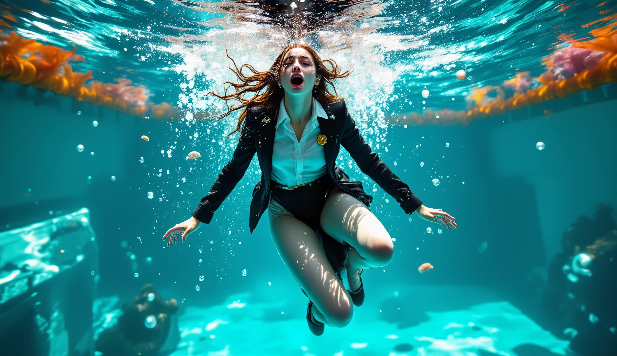 A beautiful 18-year-old girl in a black formal jacket, white blouse, black skirt and black high heels, shrieks as she is dunked in a carnival dunk tank. She is fully submerged beneath the surface of the water. She is facing the viewer. (Fully submerged, underwater, action shot)